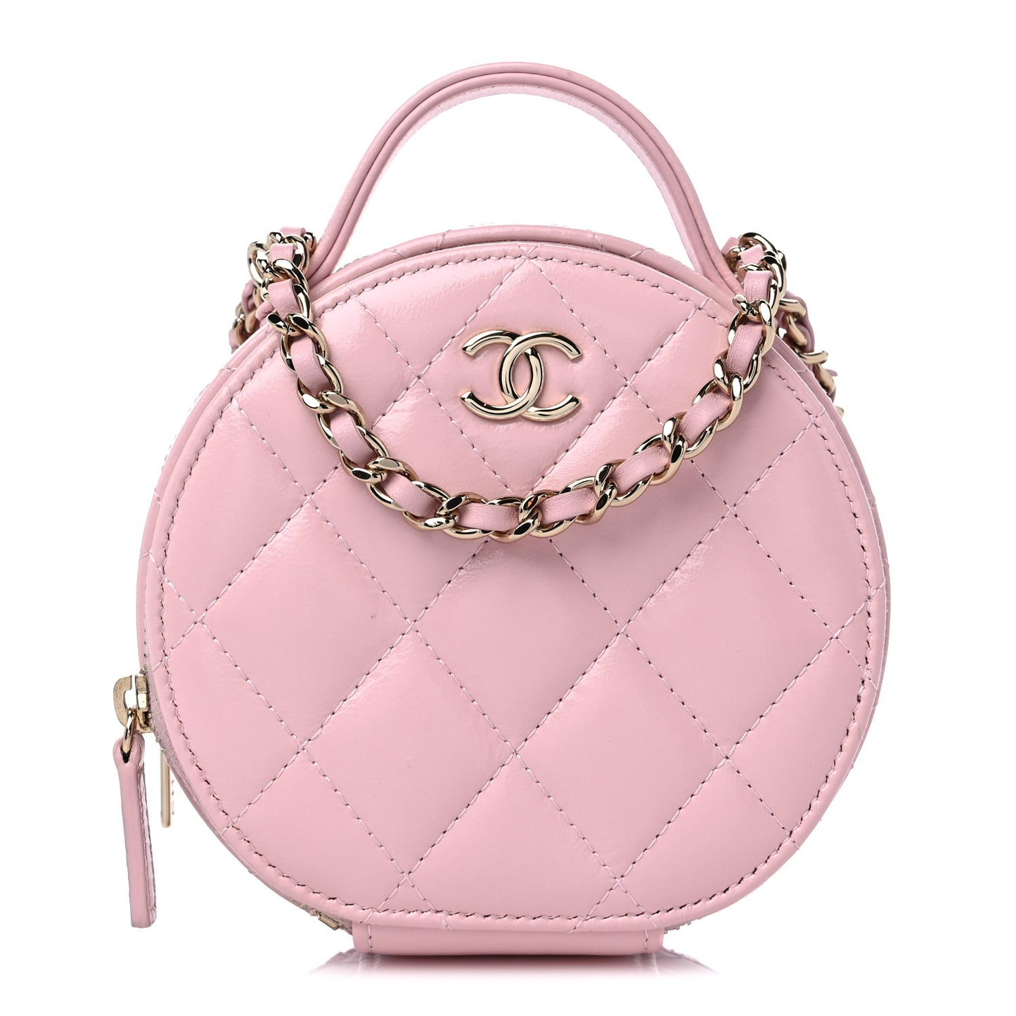 Lambskin Quilted Round Handle With Care Vanity With Chain Pink