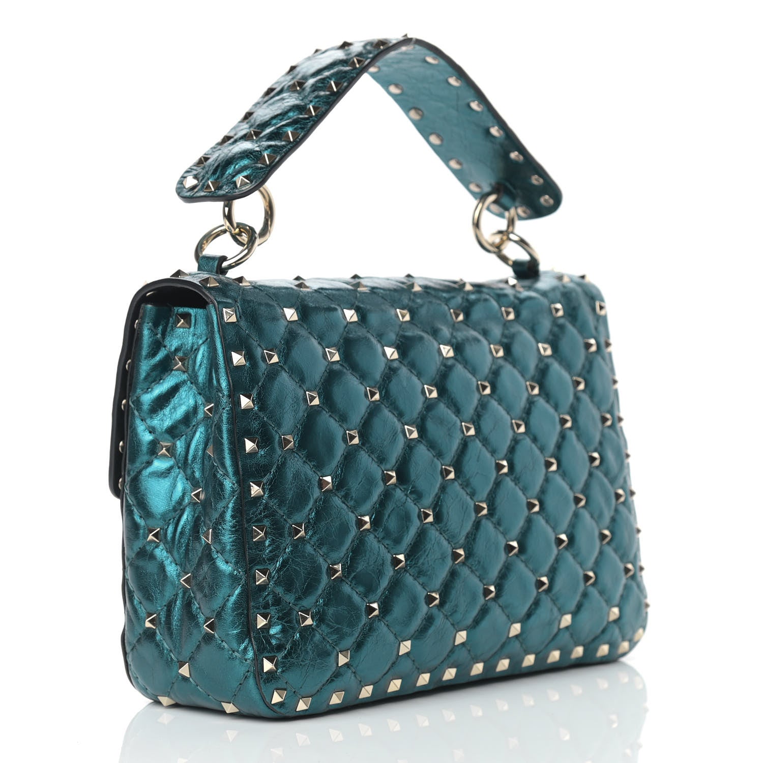 Valentino Garavani Metallic Wrinkled Lambskin Medium Rockstud Spike Shoulder Bag Peacock 3 of 11