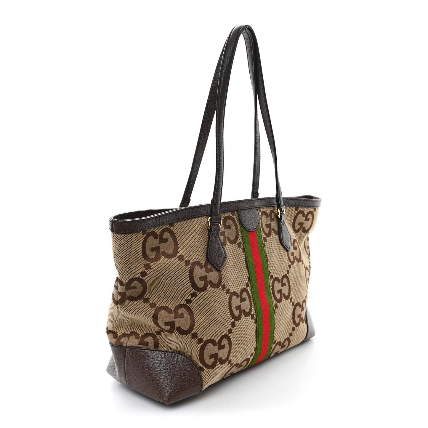 Monogram Jumbo GG Textured Dollar Calfskin Web Medium Ophidia Shopping Tote Camel Ebony