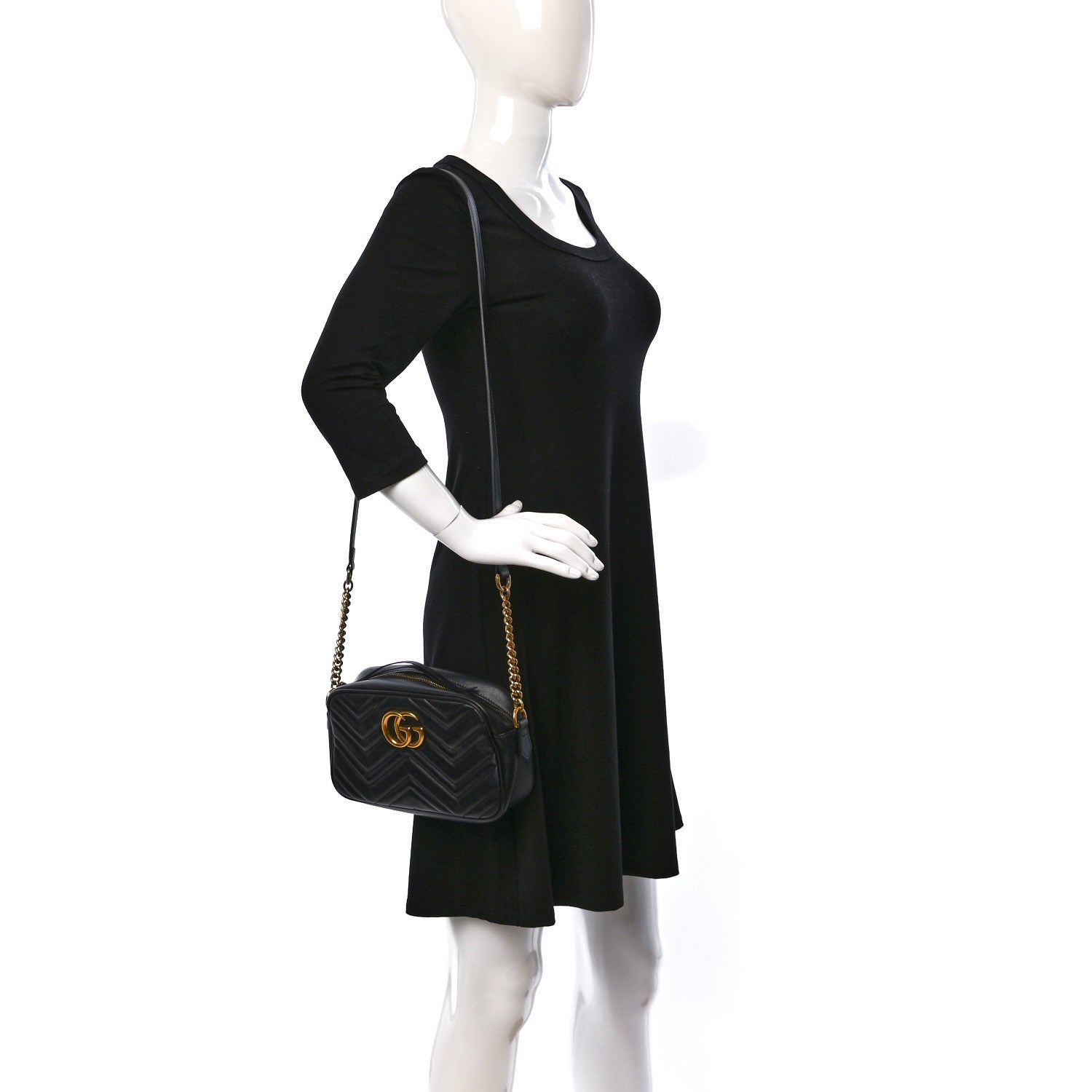 Gucci Calfskin Matelasse Small GG Marmont Chain Shoulder Bag Black 2 of 13