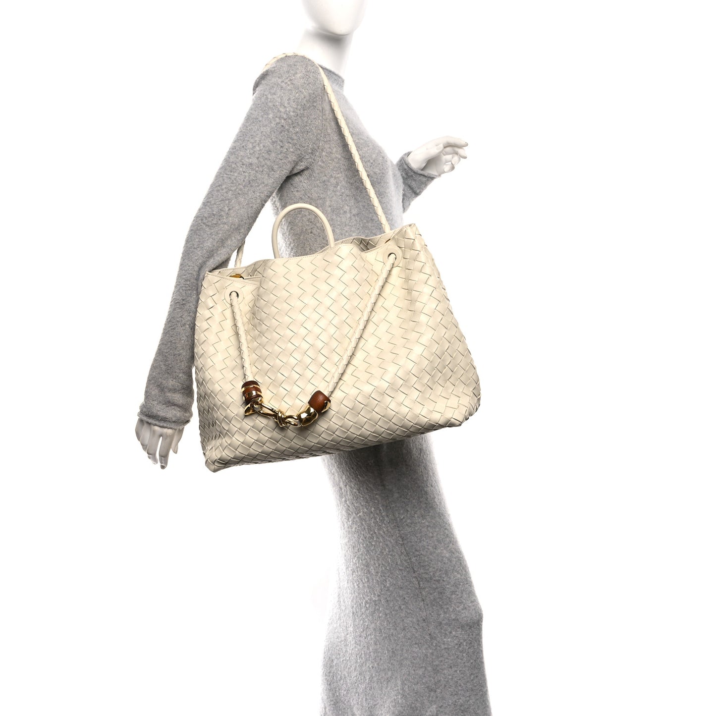 Nappa Intrecciato Wood Large Andiamo Shoulder Bag Sea Salt
