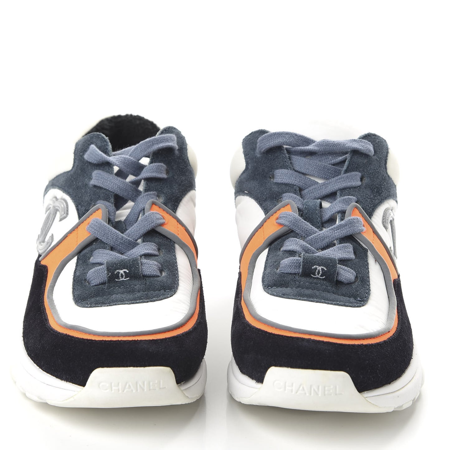 Nylon Calfskin Suede CC Womens Sneakers 36 Navy White Orange