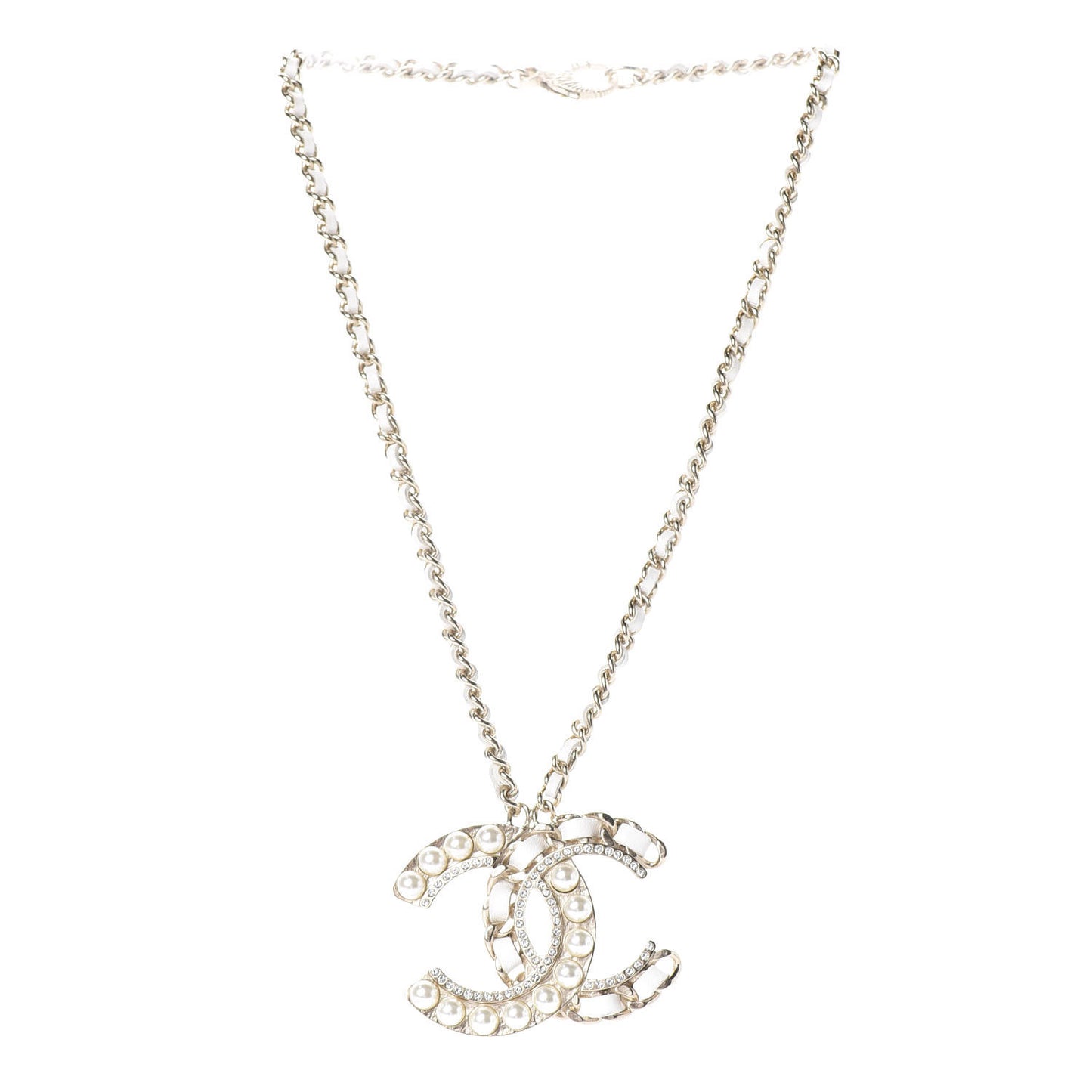 Pearl Crystal Lambskin Chain CC Necklace White Gold
