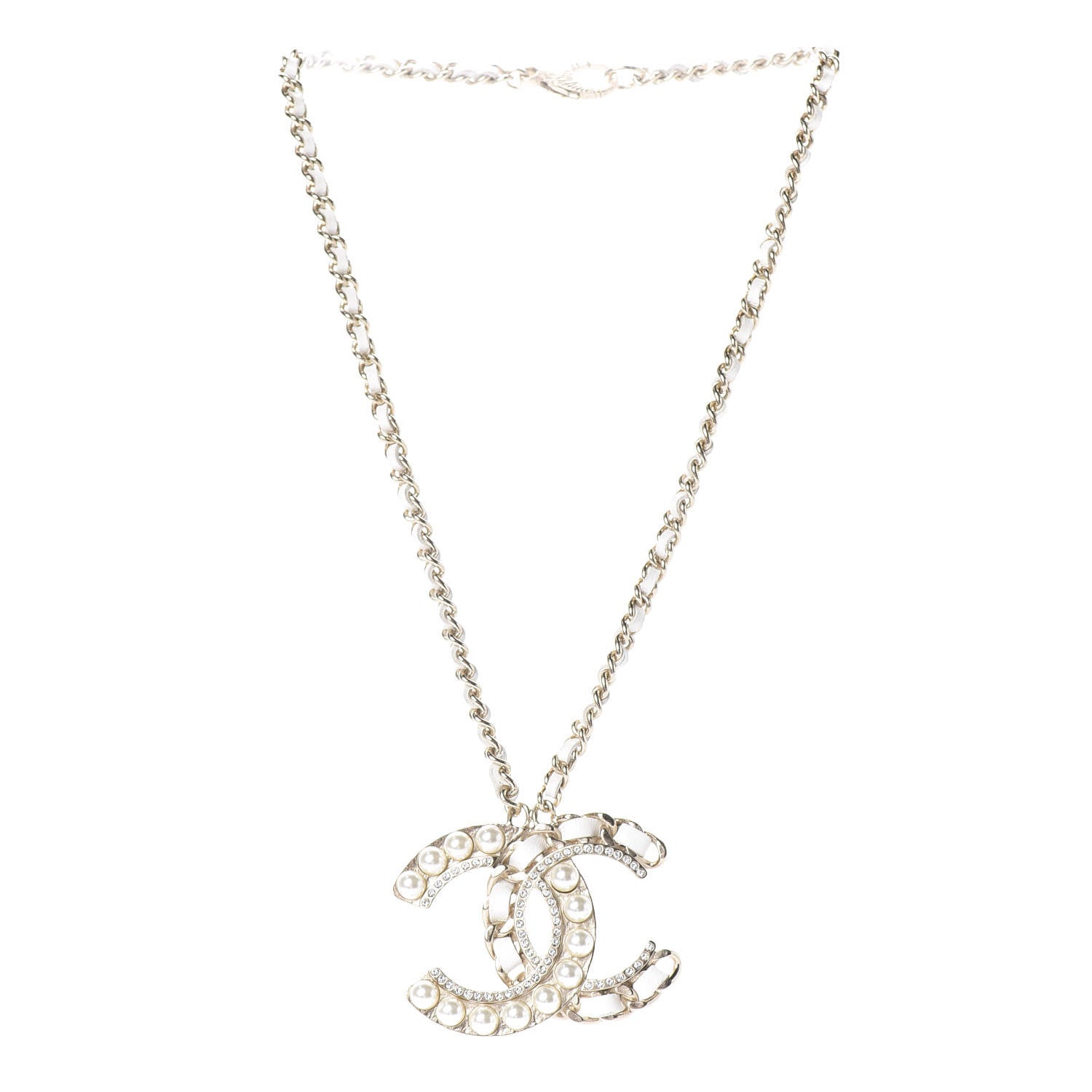 Chanel Pearl Crystal Lambskin Chain CC Necklace White Gold 5 of 8