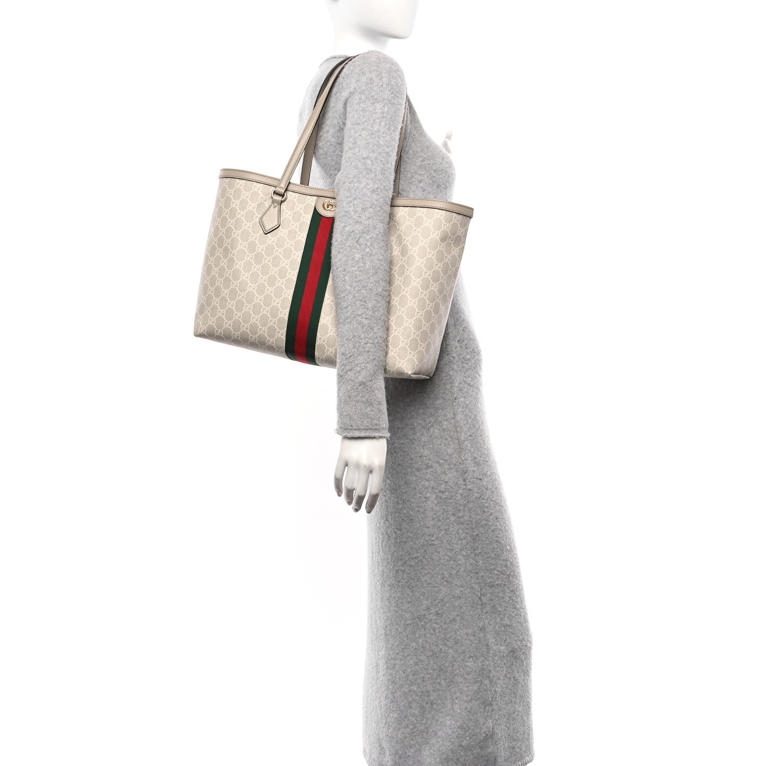 Gucci GG Supreme Monogram Textured Dollar Calfskin Web Large Ophidia Shopping Tote Beige Mystic White Oatmeal 2 of 10