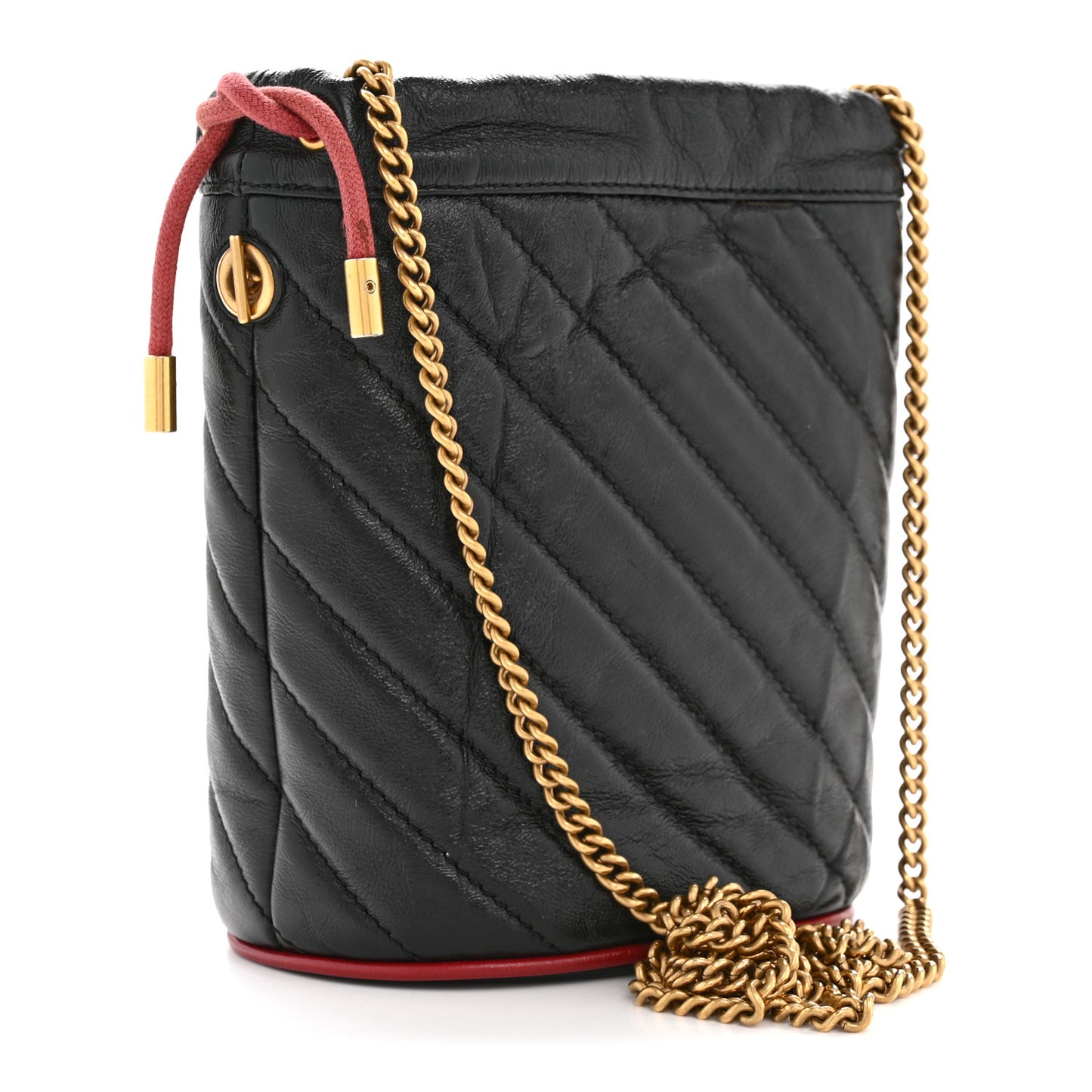 Vintage Effect Calfskin Matelasse Diagonal Mini Torchon GG Marmont 2.0 Bucket Bag Black Romantic Cherry