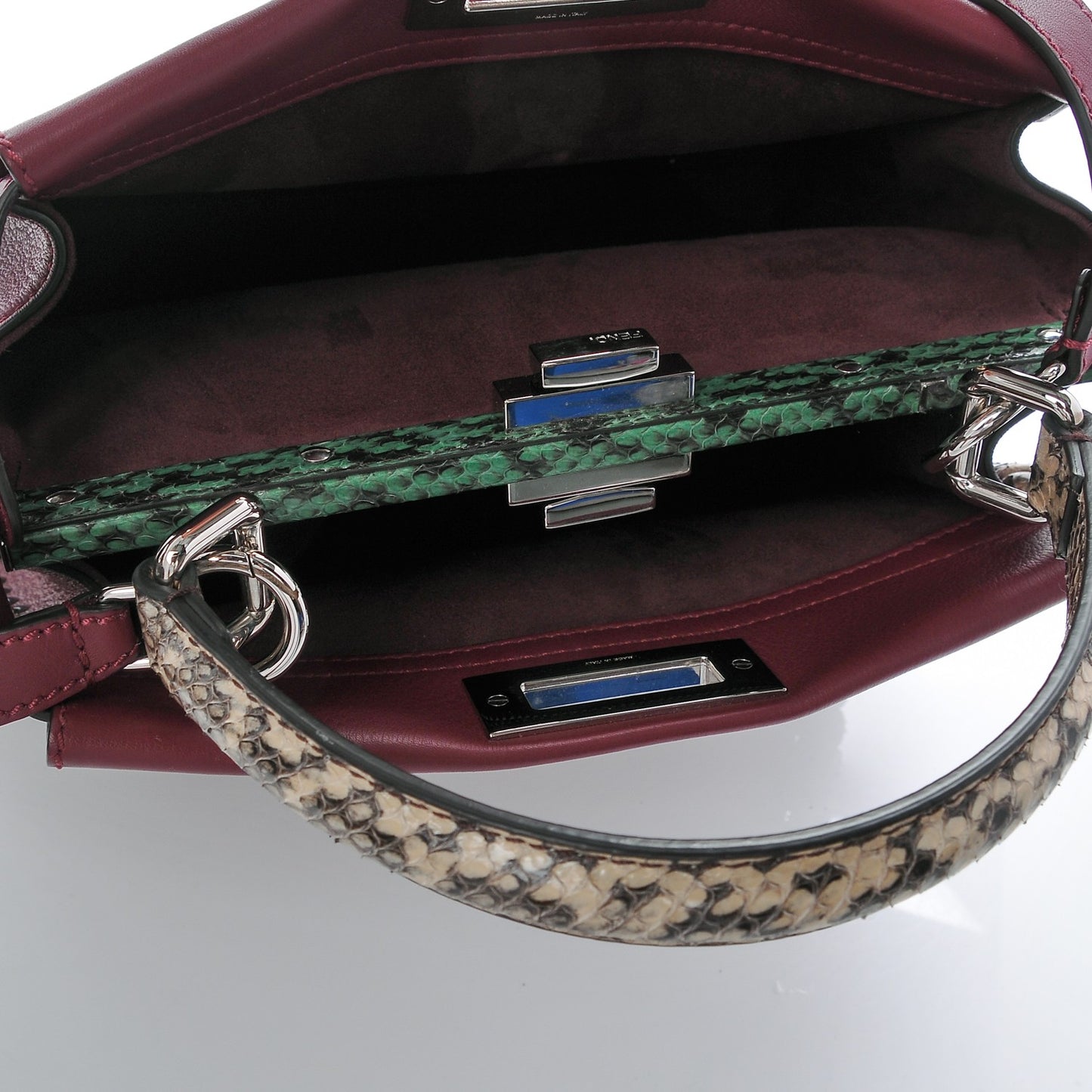 Calfskin Elaphe Lace Up Medium Peekaboo Iconic Satchel Bordeaux Beige Verde