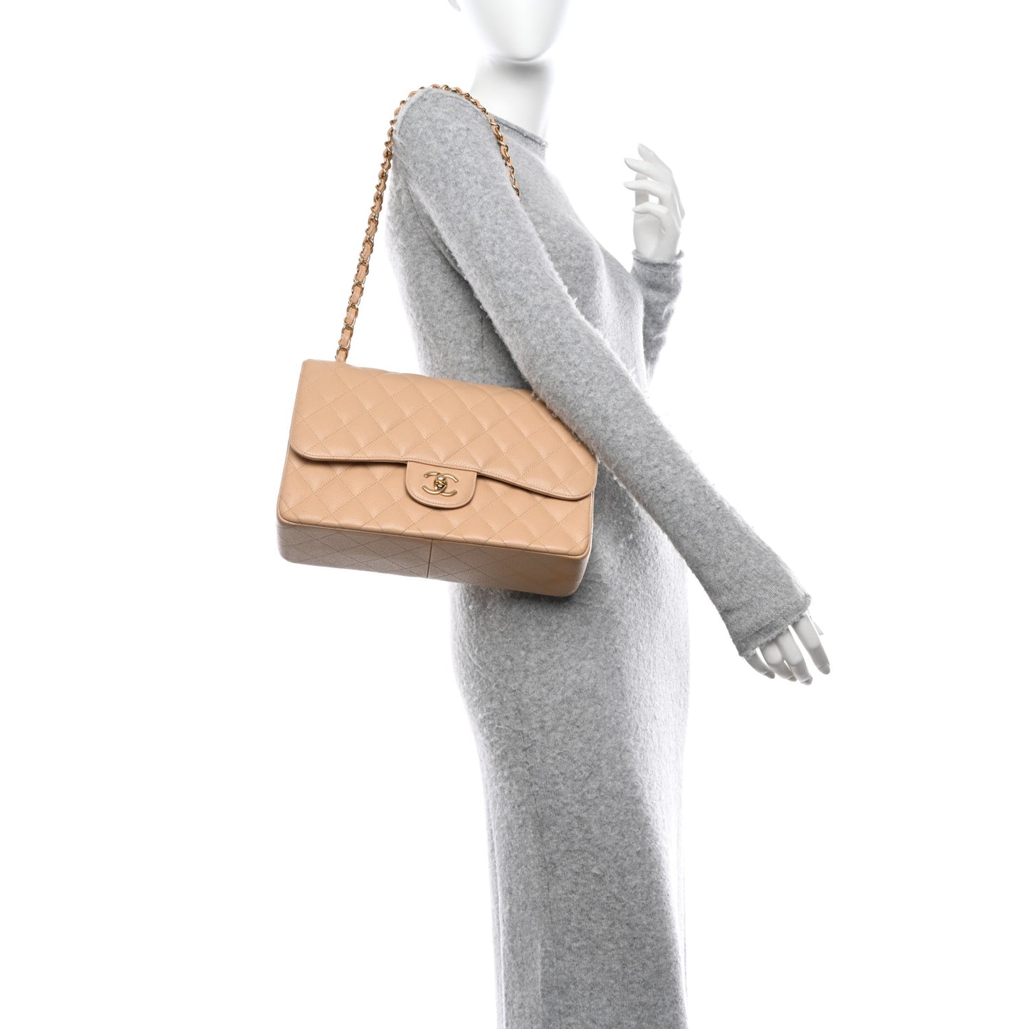 Caviar Quilted Jumbo Double Flap Beige