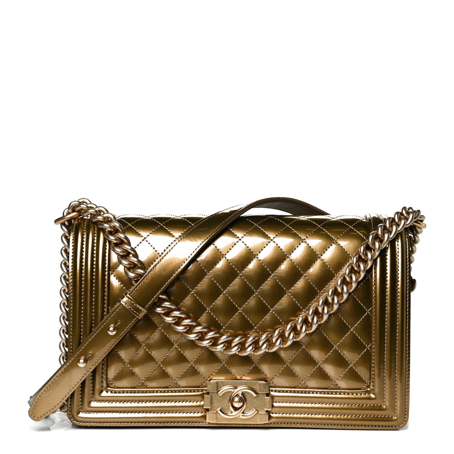 Chanel Metallic Patent Calfskin Quilted New Medium Boy Flap Gold 1 of 15