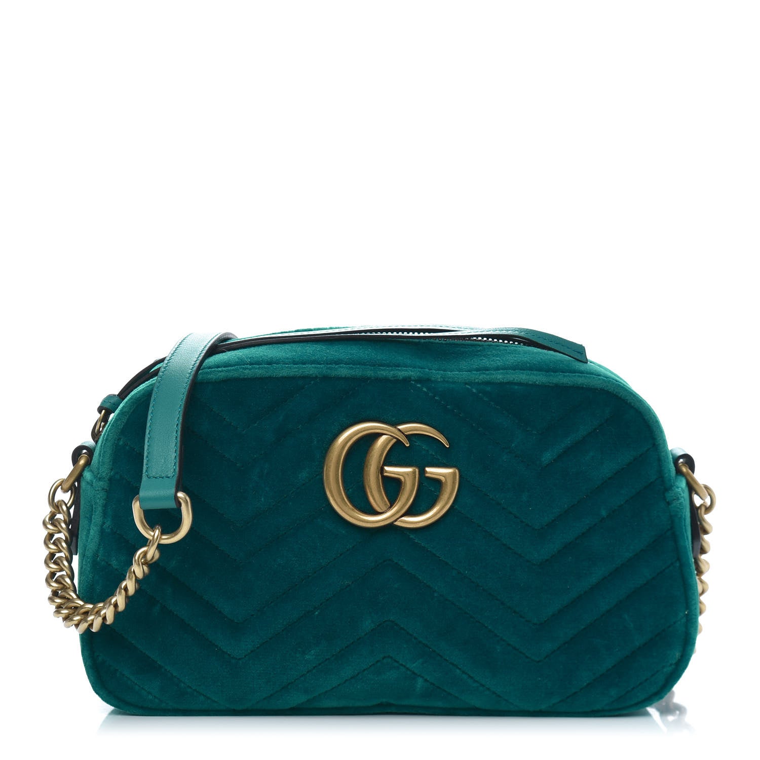 Gucci Velvet Matelasse Small GG Marmont Chain Shoulder Bag Pavone Cyan 1 of 12