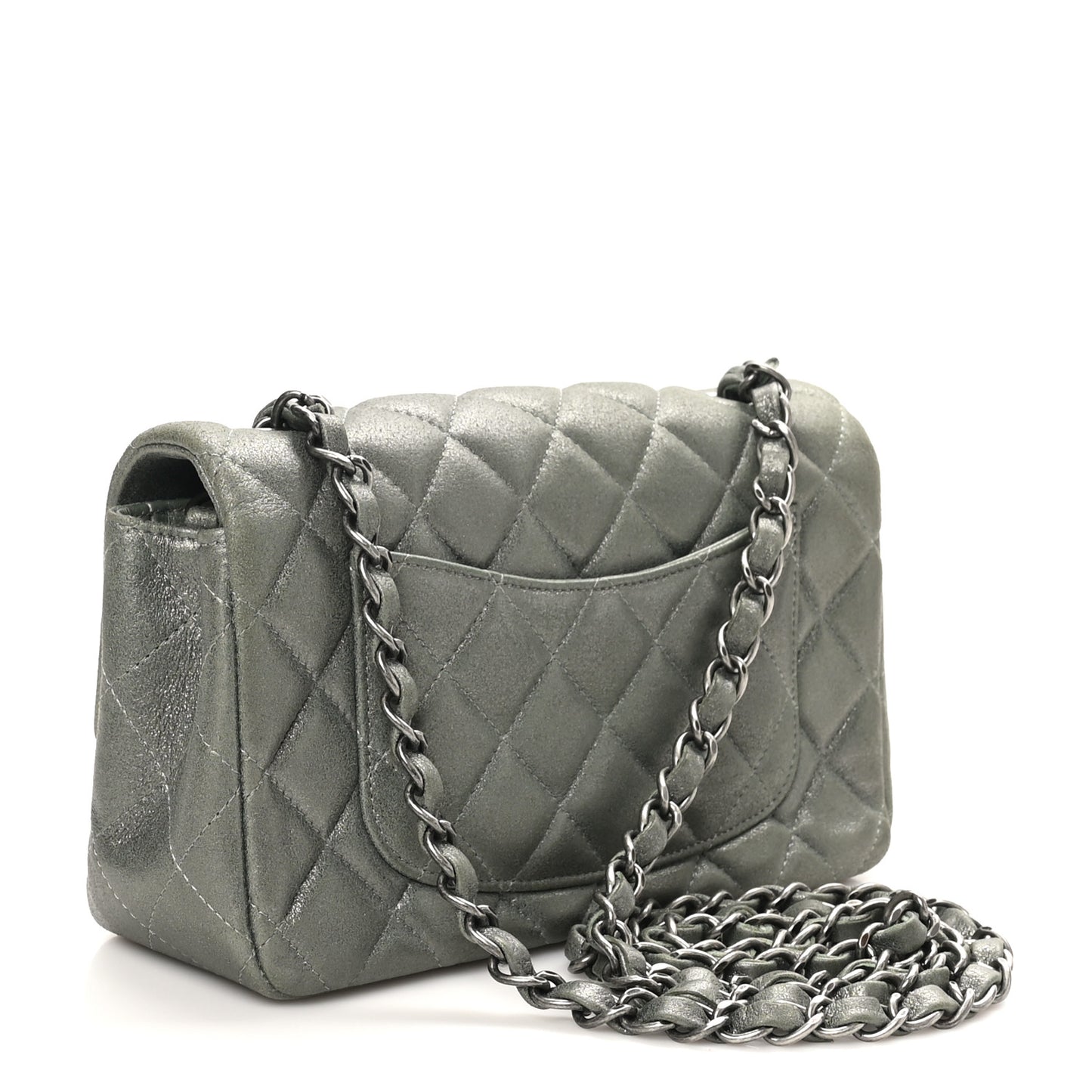 Iridescent Lambskin Quilted Mini Rectangular Flap Khaki