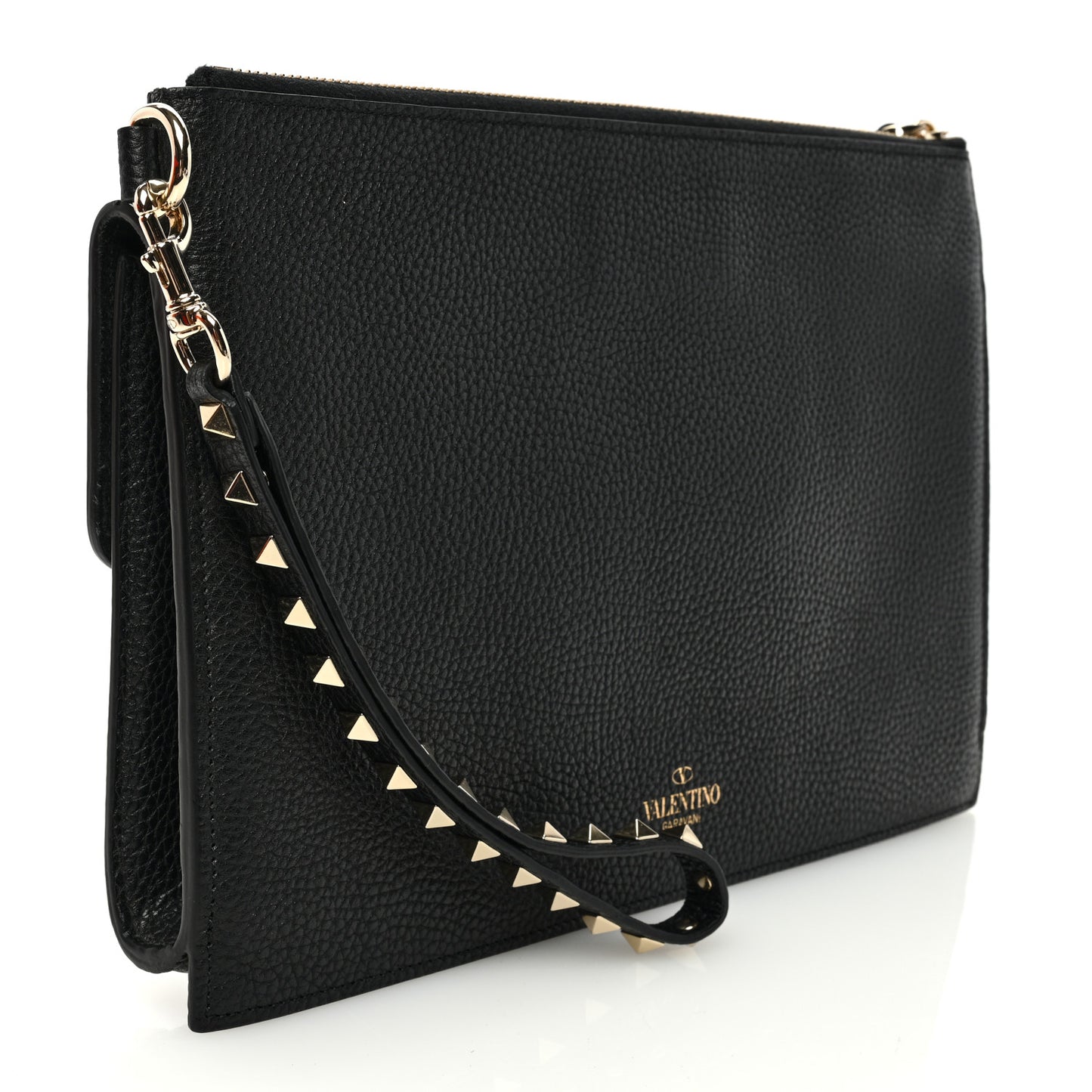 Pebbled Calfskin Large Rockstud Wristlet Clutch Black