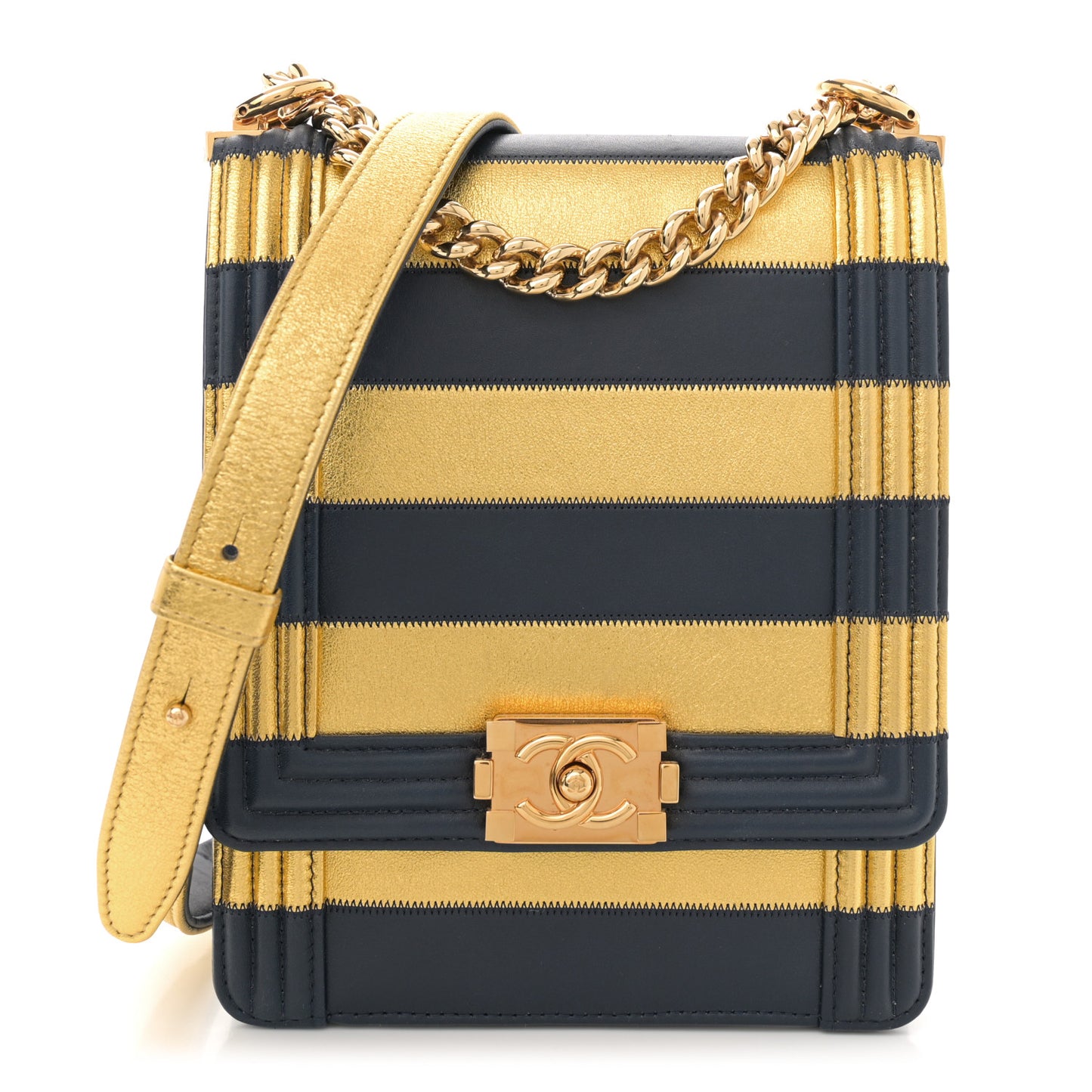 Metallic Lambskin Striped North South Boy Flap Navy Gold