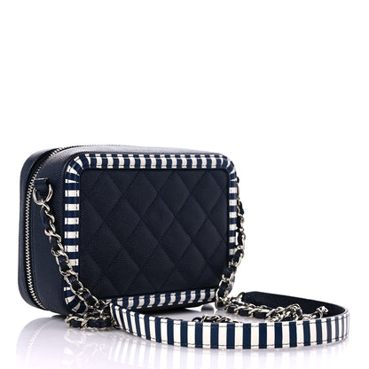 Chanel Caviar Quilted Striped Filigree Vanity Clutch With Chain Navy White 3 of 12