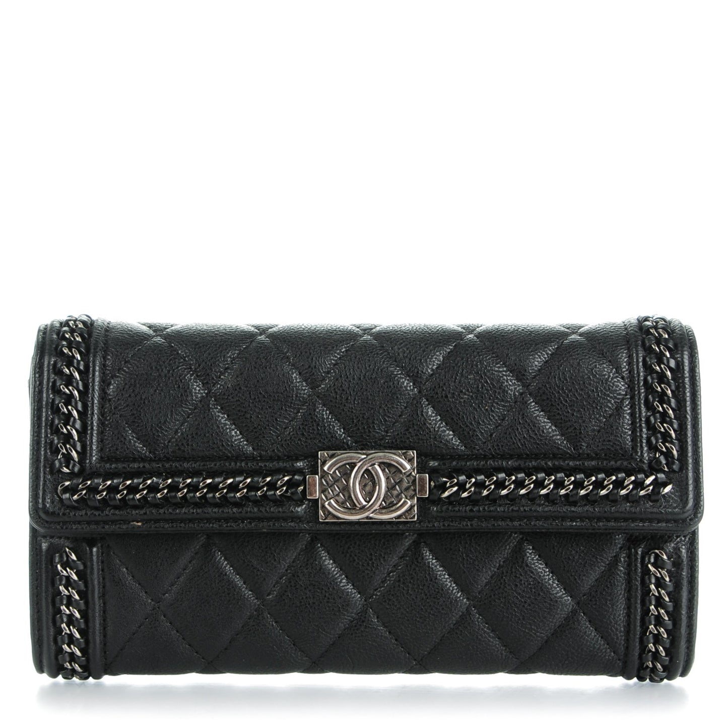 Calfskin Quilted Boy Chain Around Flap Wallet Black