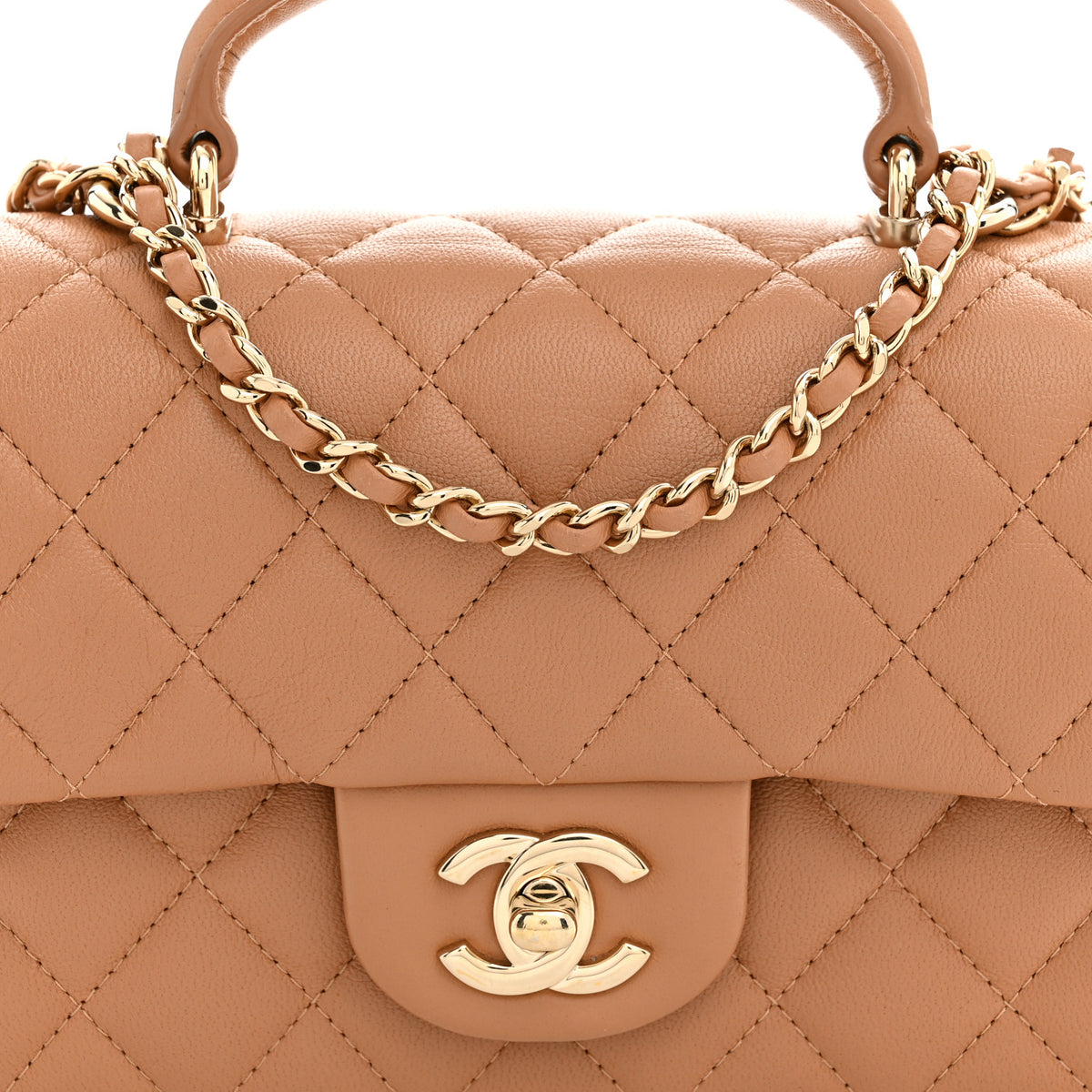 Chanel Lambskin Quilted Mini Top Handle Rectangular Flap Dark Beige 8 of 12
