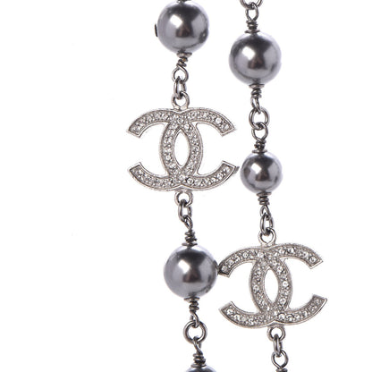 Chanel Pearl Crystal CC Long Necklace Silver Grey 4 of 6