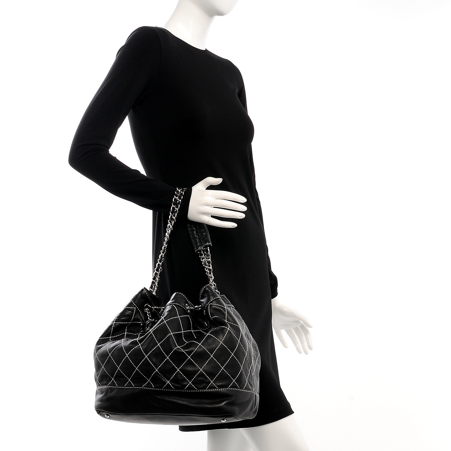 Chanel Lambskin Contrast Stitch Large Drawstring Tote Black 2 of 7