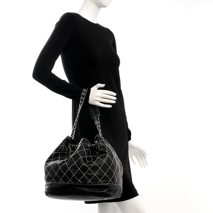 Chanel Lambskin Contrast Stitch Large Drawstring Tote Black 2 of 7