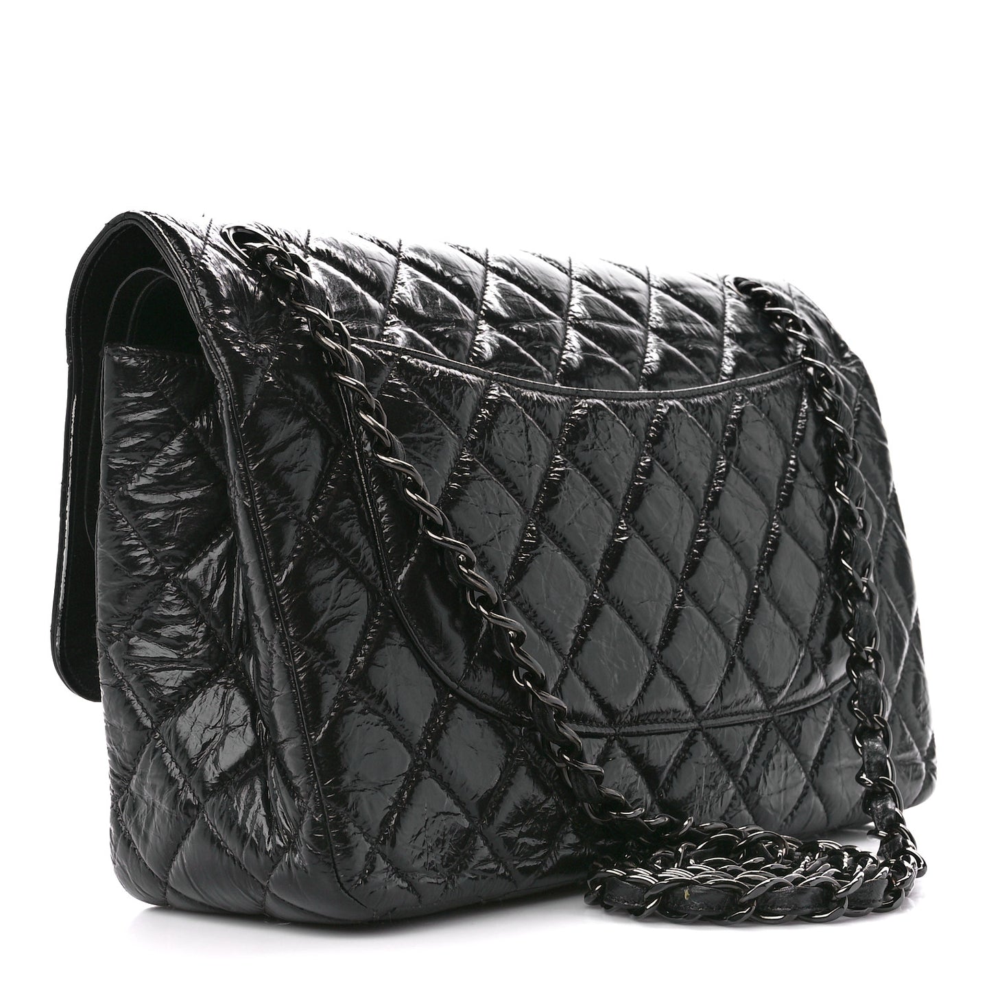 Shiny Distressed Calfskin Quilted Jumbo Double Flap So Black