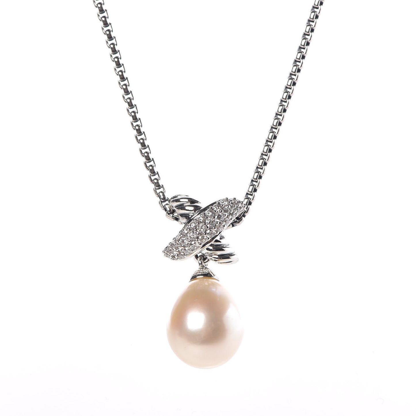 Sterling Silver Pearl Diamond 25mm X Pendant Necklace