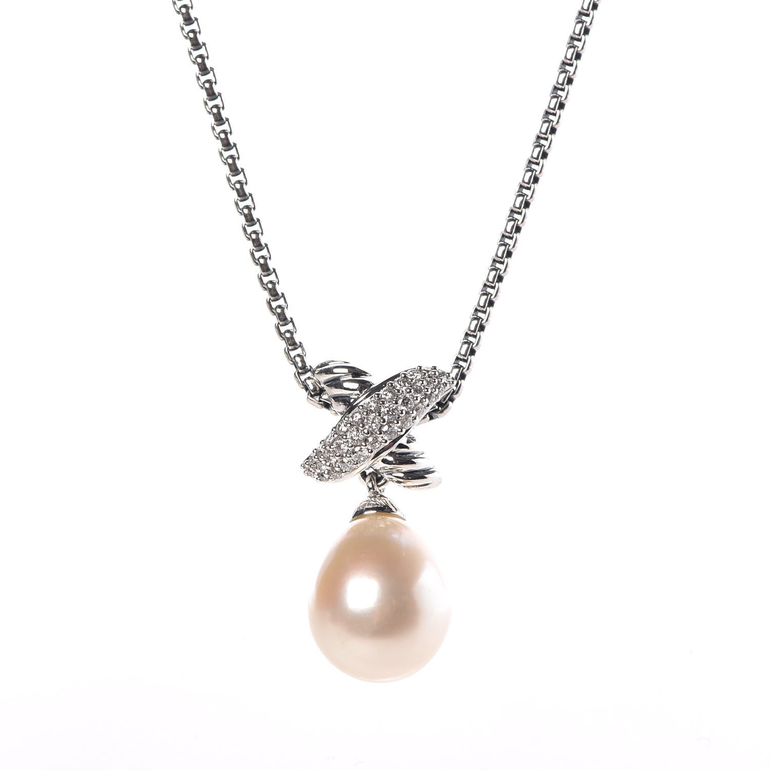 David Yurman Sterling Silver Pearl Diamond 25mm X Pendant Necklace 4 of 6