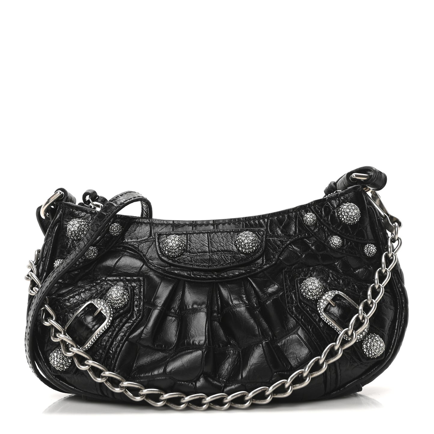 Extra Supple Calfskin Crocodile Embossed Crystal Le Cagole Mini Purse With Chain Black