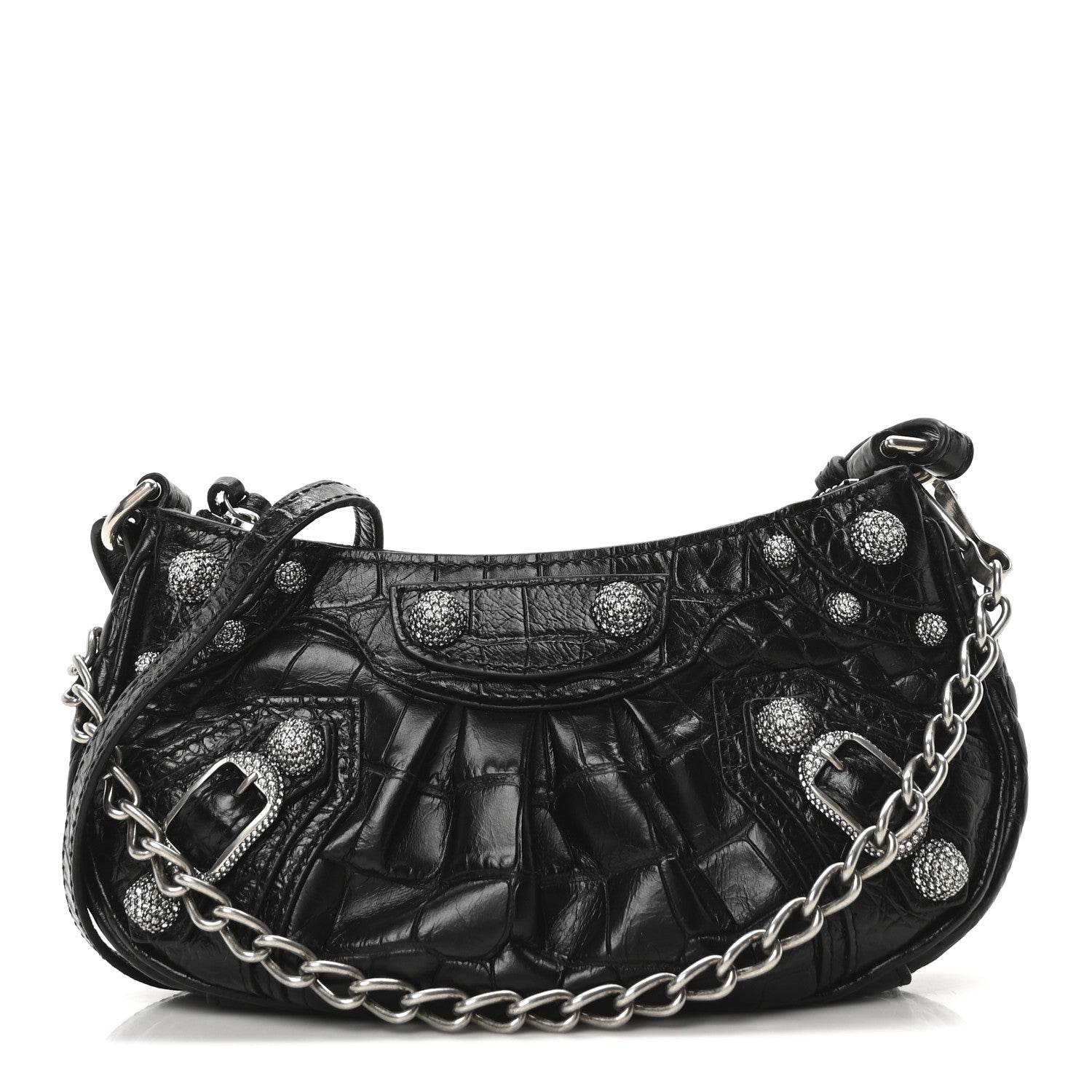 Balenciaga Extra Supple Calfskin Crocodile Embossed Crystal Le Cagole Mini Purse With Chain Black 1 of 10