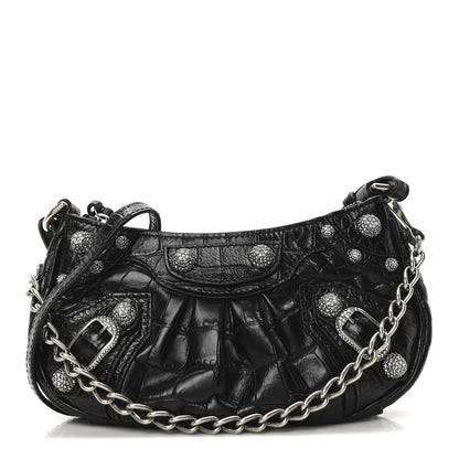 Balenciaga Extra Supple Calfskin Crocodile Embossed Crystal Le Cagole Mini Purse With Chain Black 1 of 10