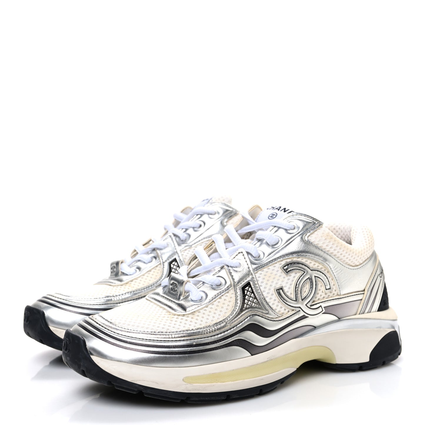 Fabric Laminated Calfskin Stretch CC Sneakers 38 White Silver