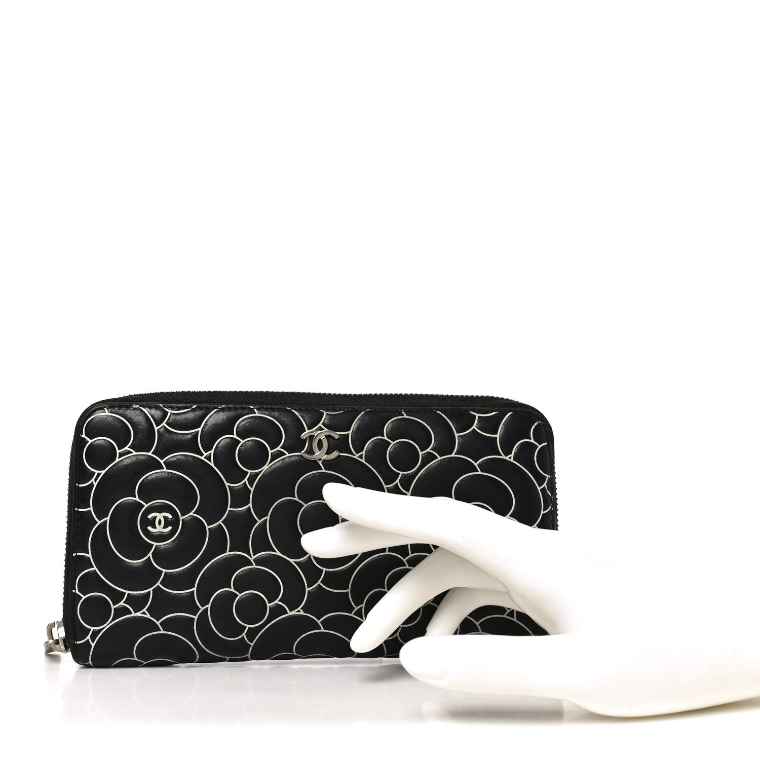 Chanel Lambskin Camellia Embossed Large Zip Around Gusset Wallet