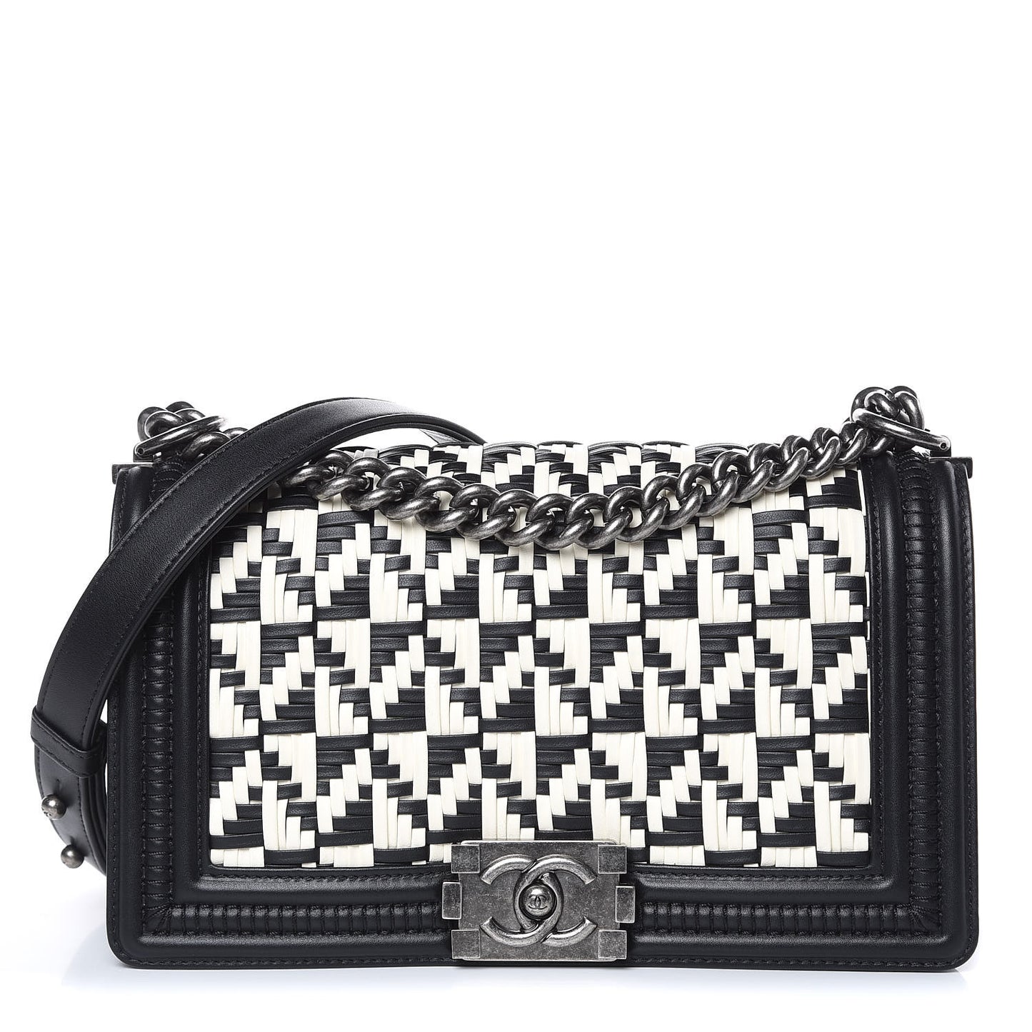 Calfskin Woven Medium Boy Flap Black White