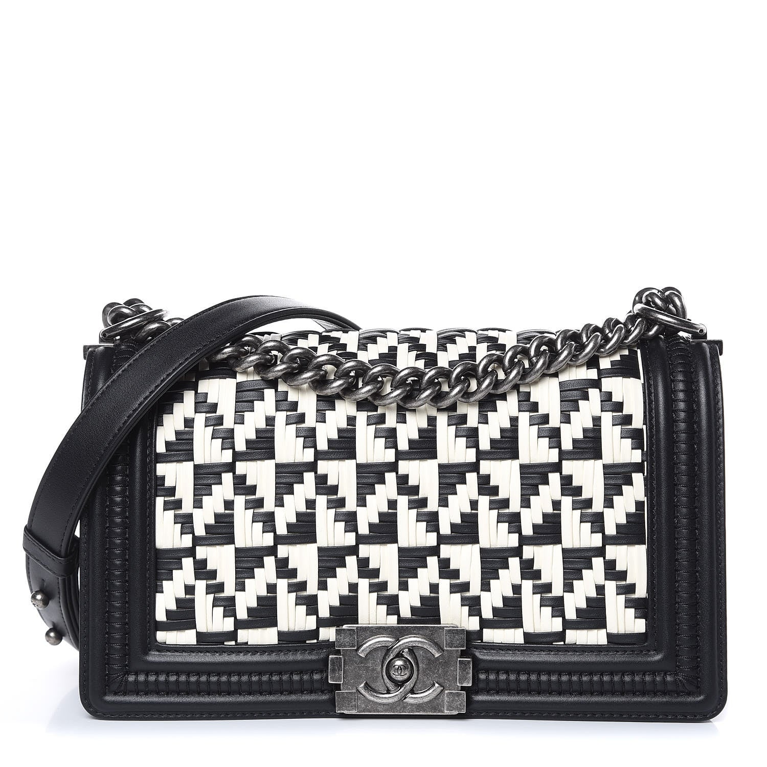 Chanel Calfskin Woven Medium Boy Flap Black White 1 of 11