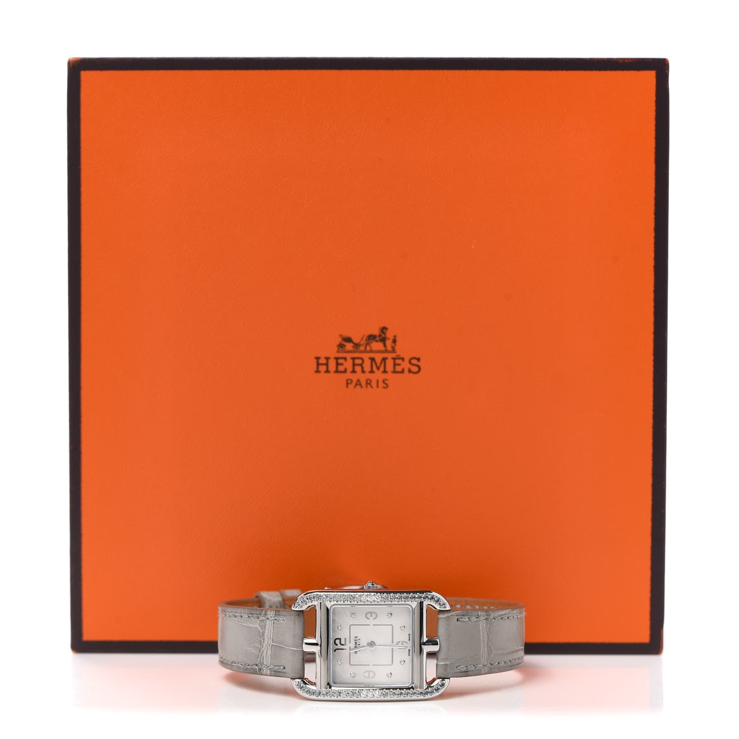 Hermes Stainless Steel Alligator Diamond Bezel Grey Sapphire Mother of Pearl 23mm Cape Cod Quartz Watch Gris Perle 5 of 5