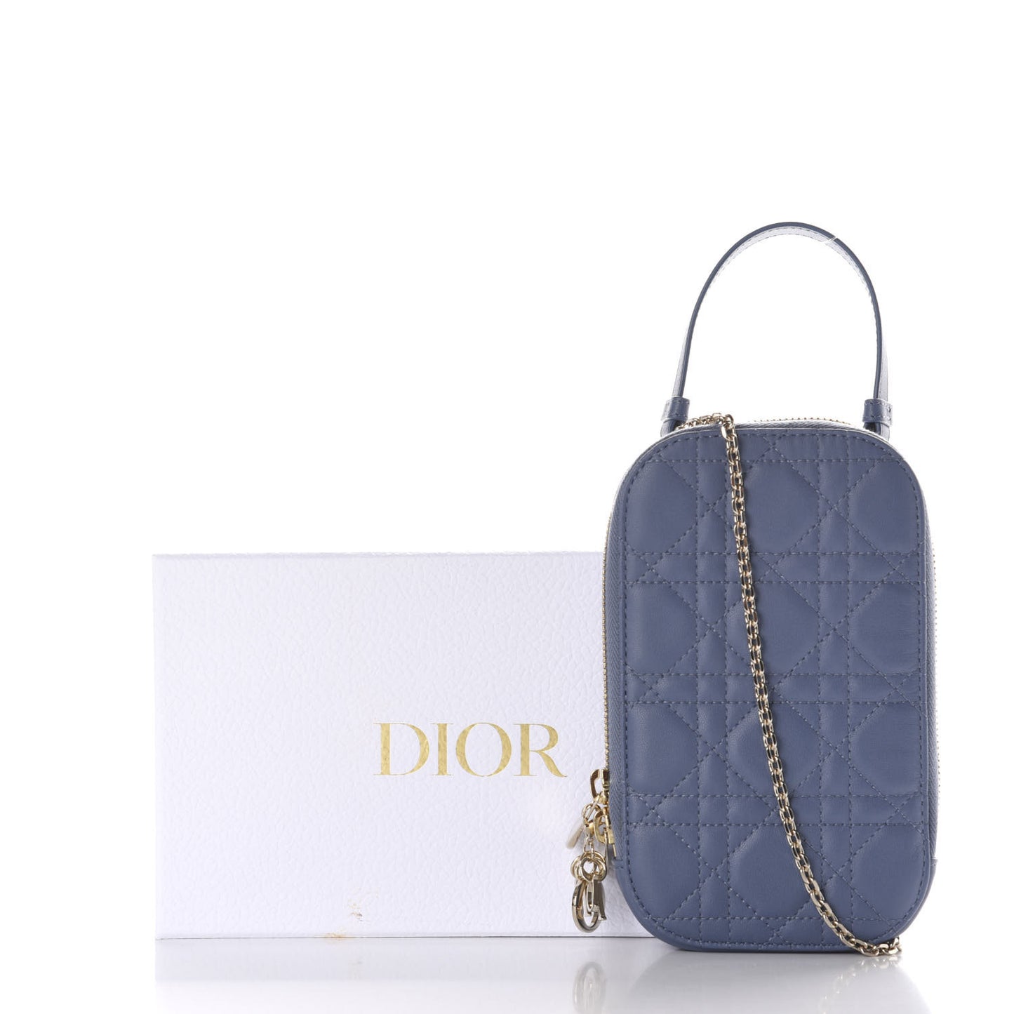 Lambskin Cannage Lady Dior Phone Holder Denim Blue
