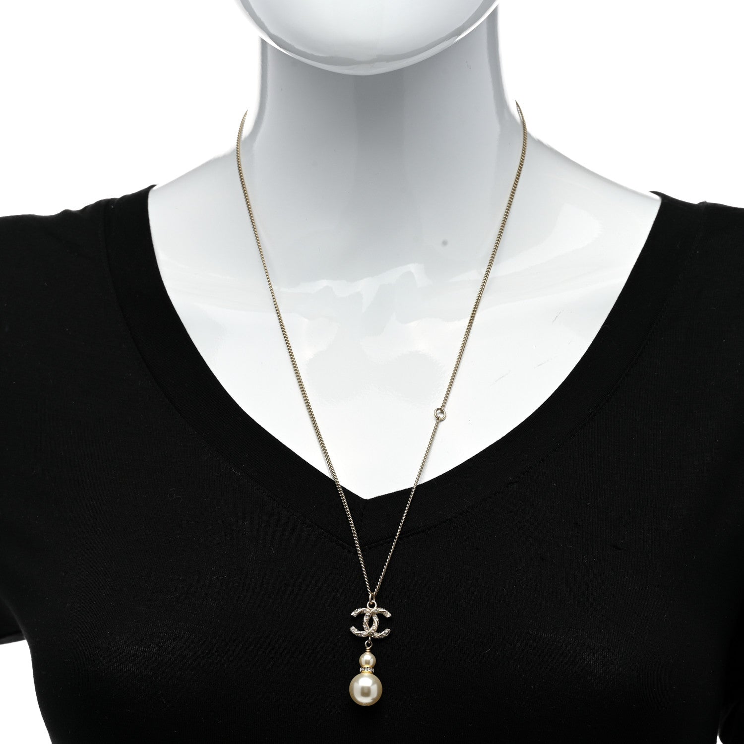Chanel Crystal Pearl Twisted CC Drop Necklace Gold 2 of 6