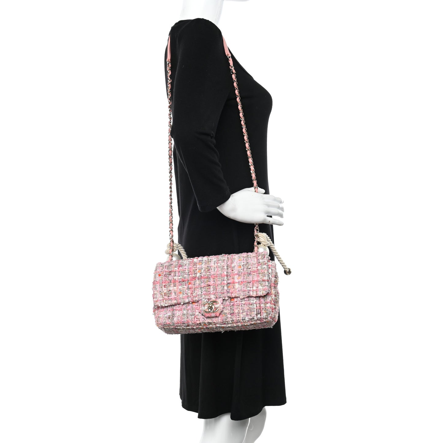 Tweed Medium Pearl Handle Flap Pink Beige Orange Ecru