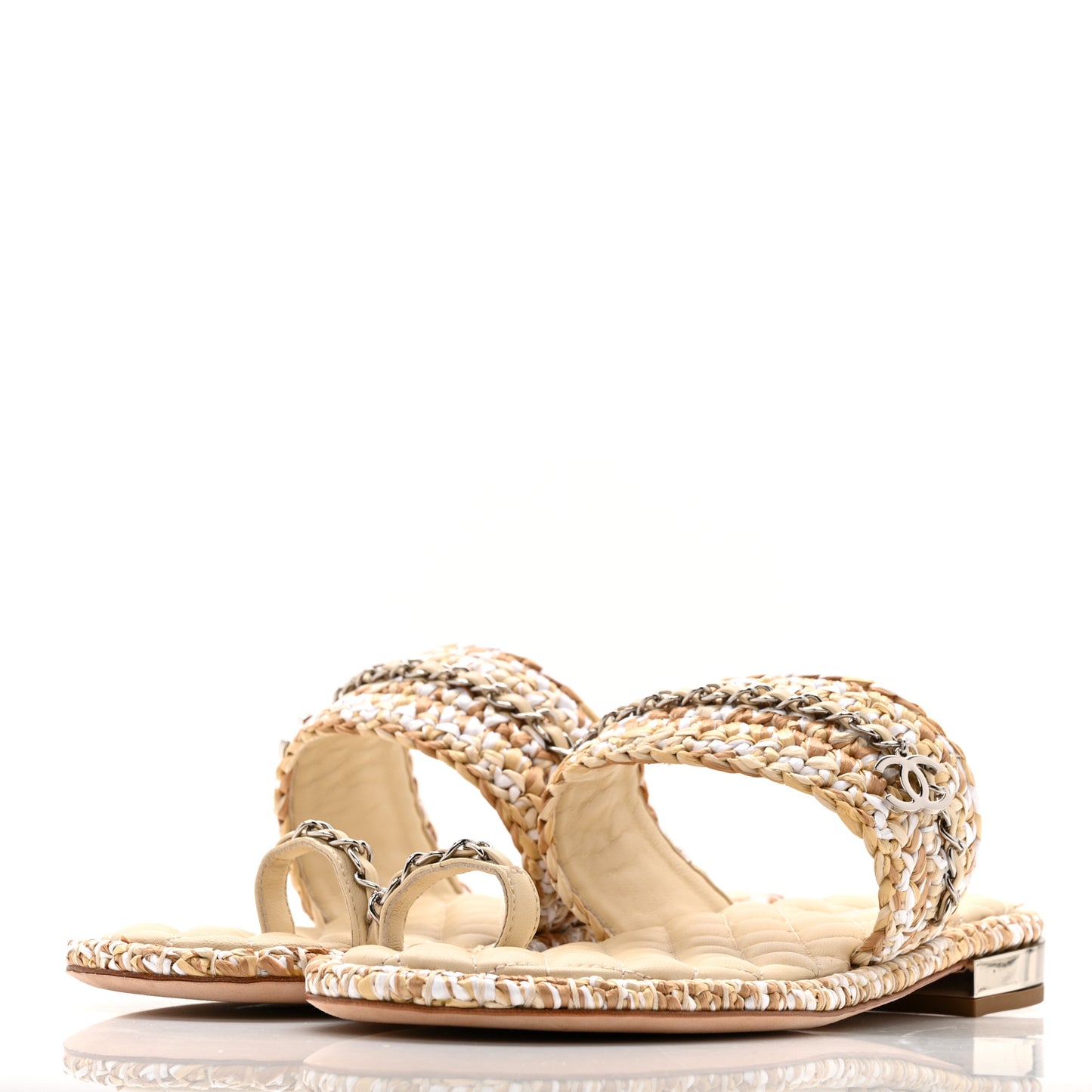 Raffia Lambskin Woven Chain CC Toe Ring Sandals 40 Beige White