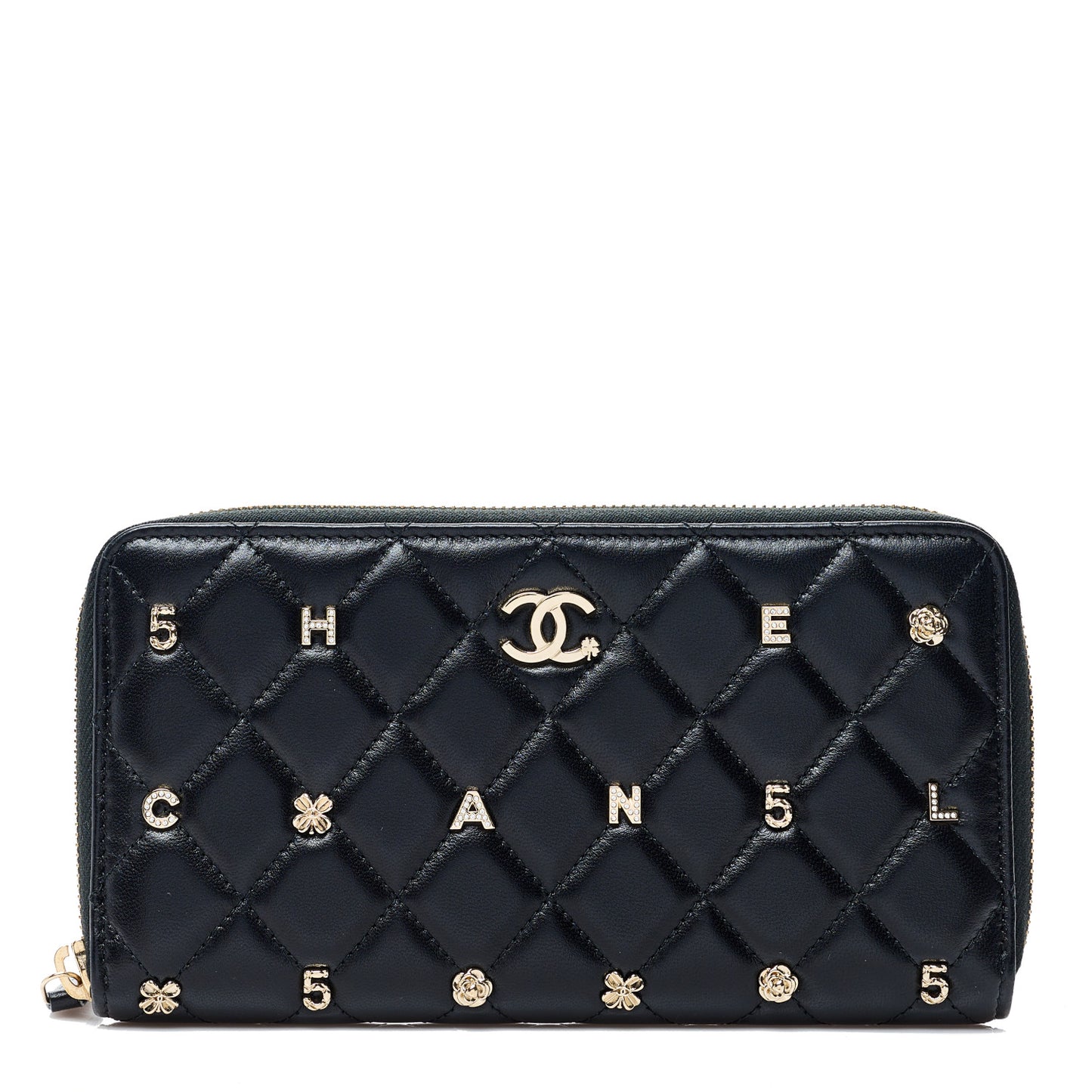 Lambskin Quilted All About Chanel Charm Zip Around Wallet Black