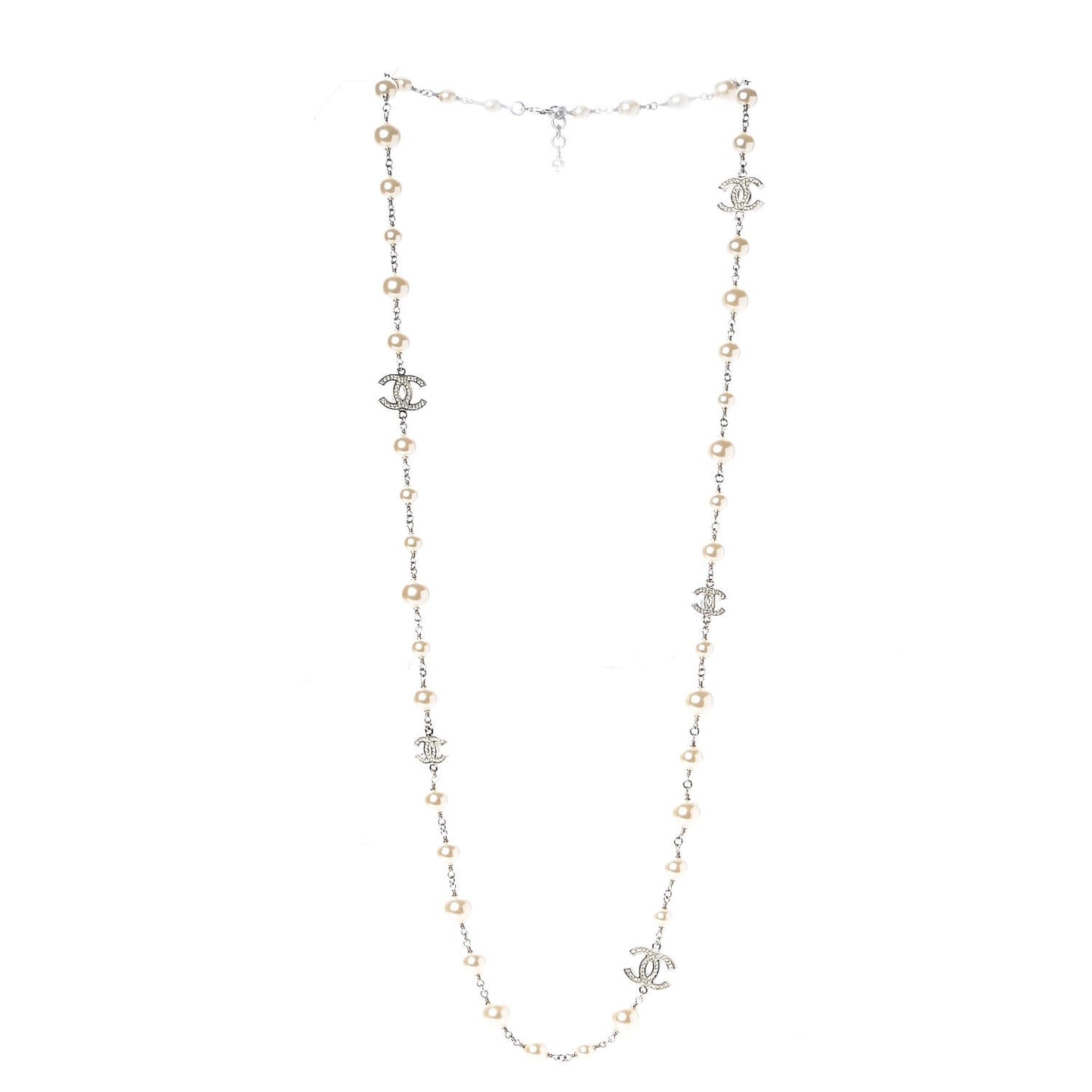 Crystal Pearl CC Long Necklace Silver