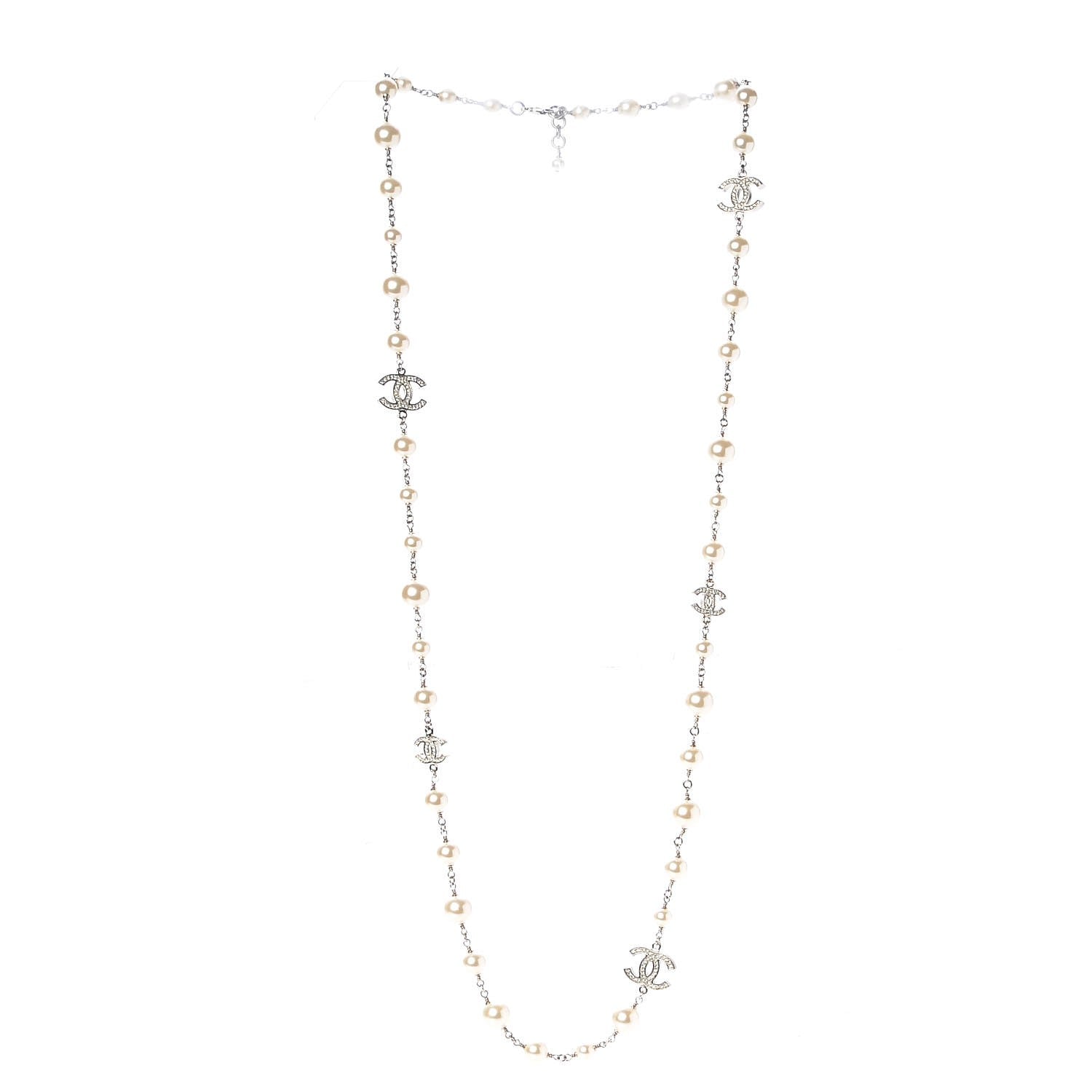 Chanel Crystal Pearl CC Long Necklace Silver 3 of 5