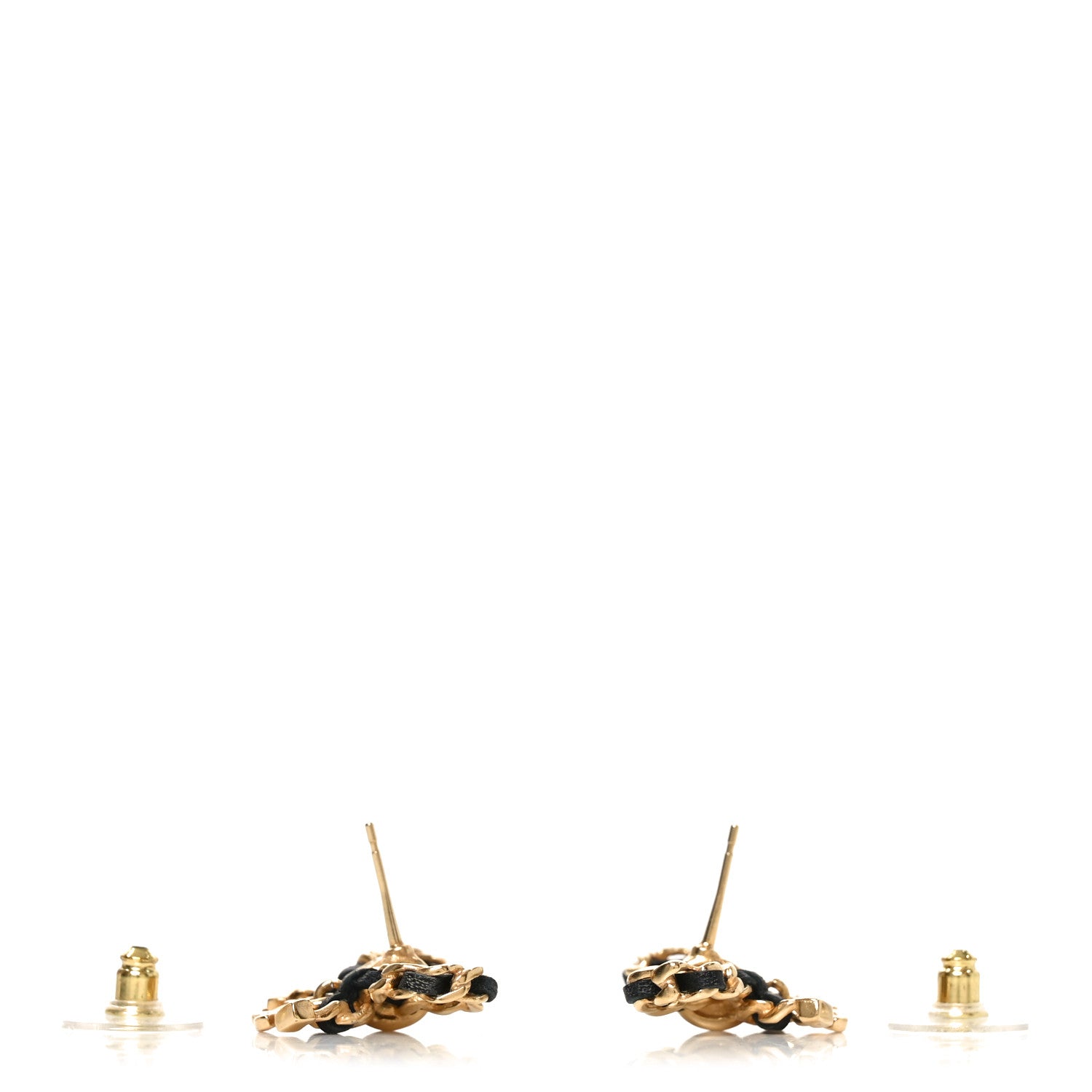 Chanel Lambskin Chain Bow Stud Earrings Black Gold 3 of 5