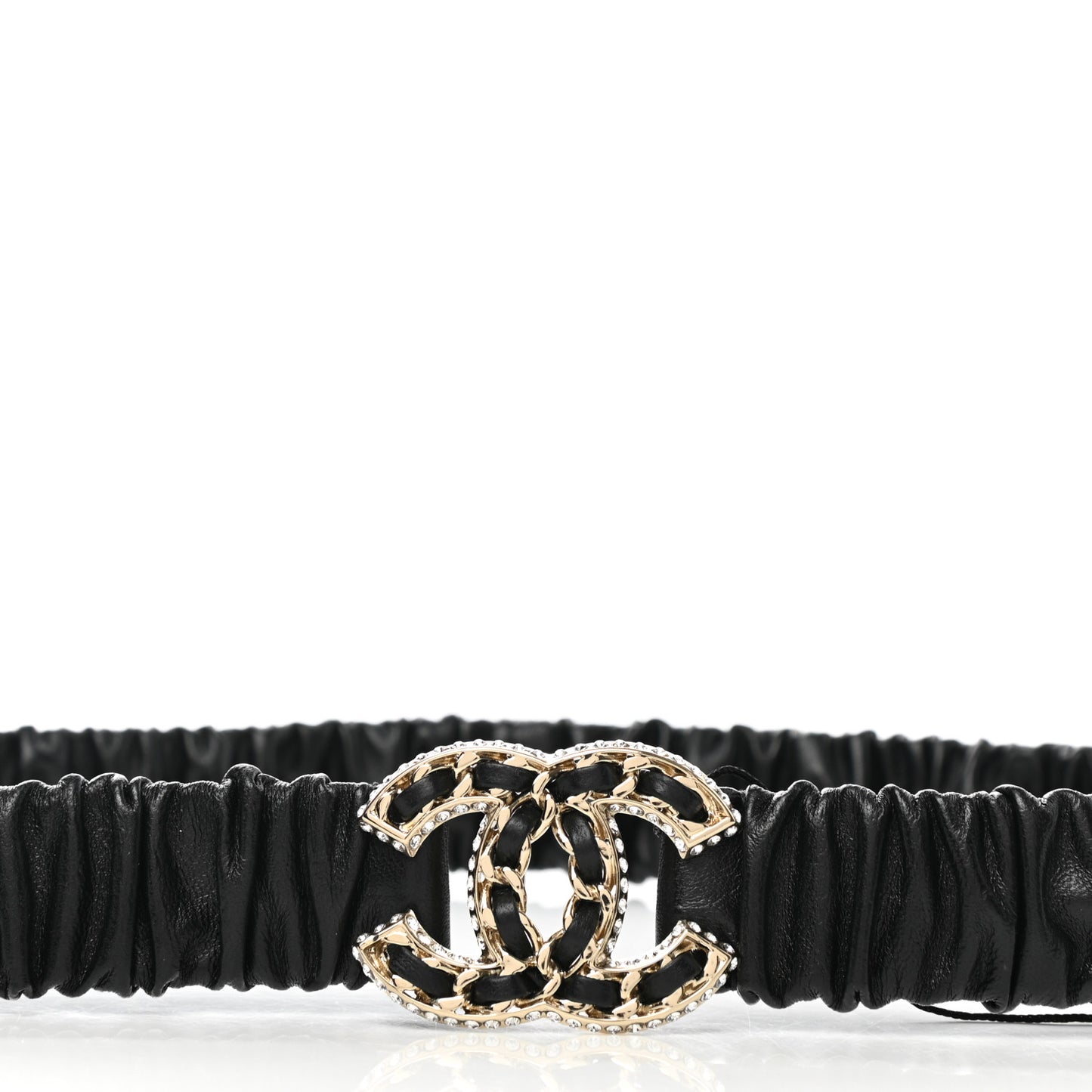 Lambskin Metal Strass Ruched Chain CC Belt 75 30 Black