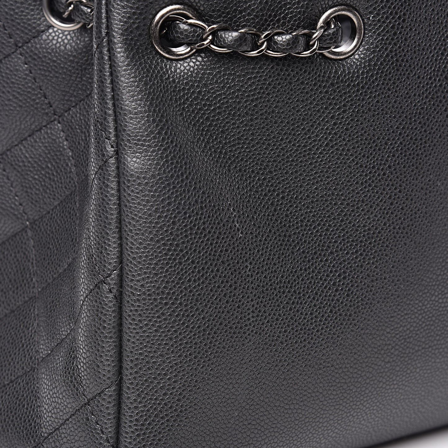 Metallic Grained Calfskin Medium Woven Chain Shopping Tote Black