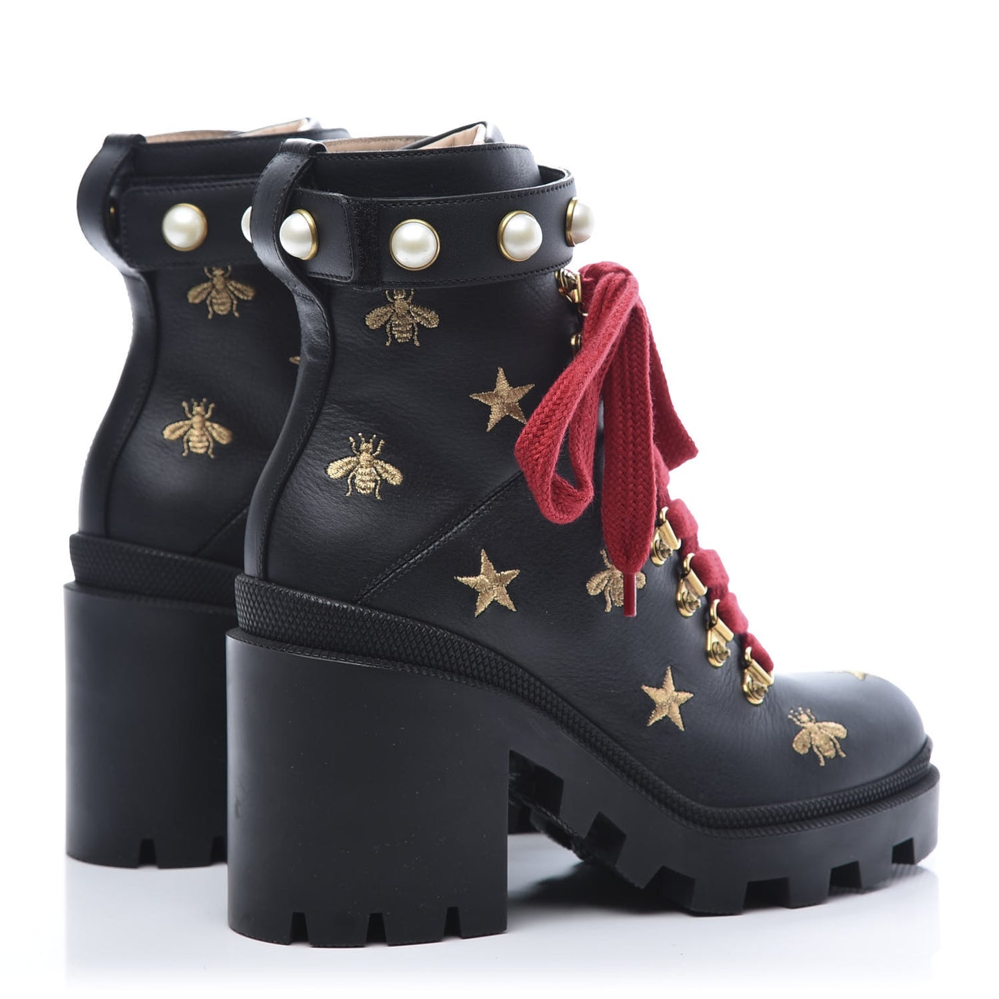 Calfskin Embroidered Lace Up Combat Ankle Boots 36 Black