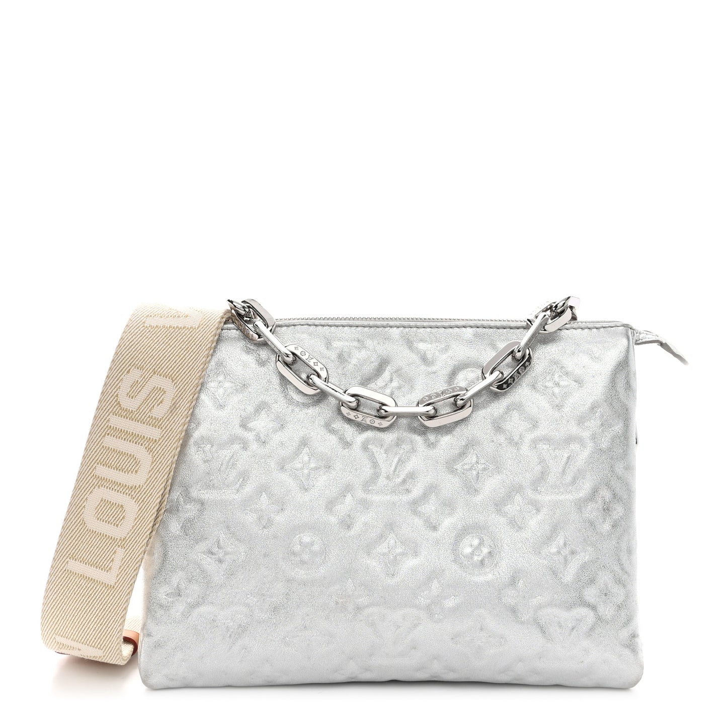 Metallic Lambskin Embossed Monogram Coussin BB Silver