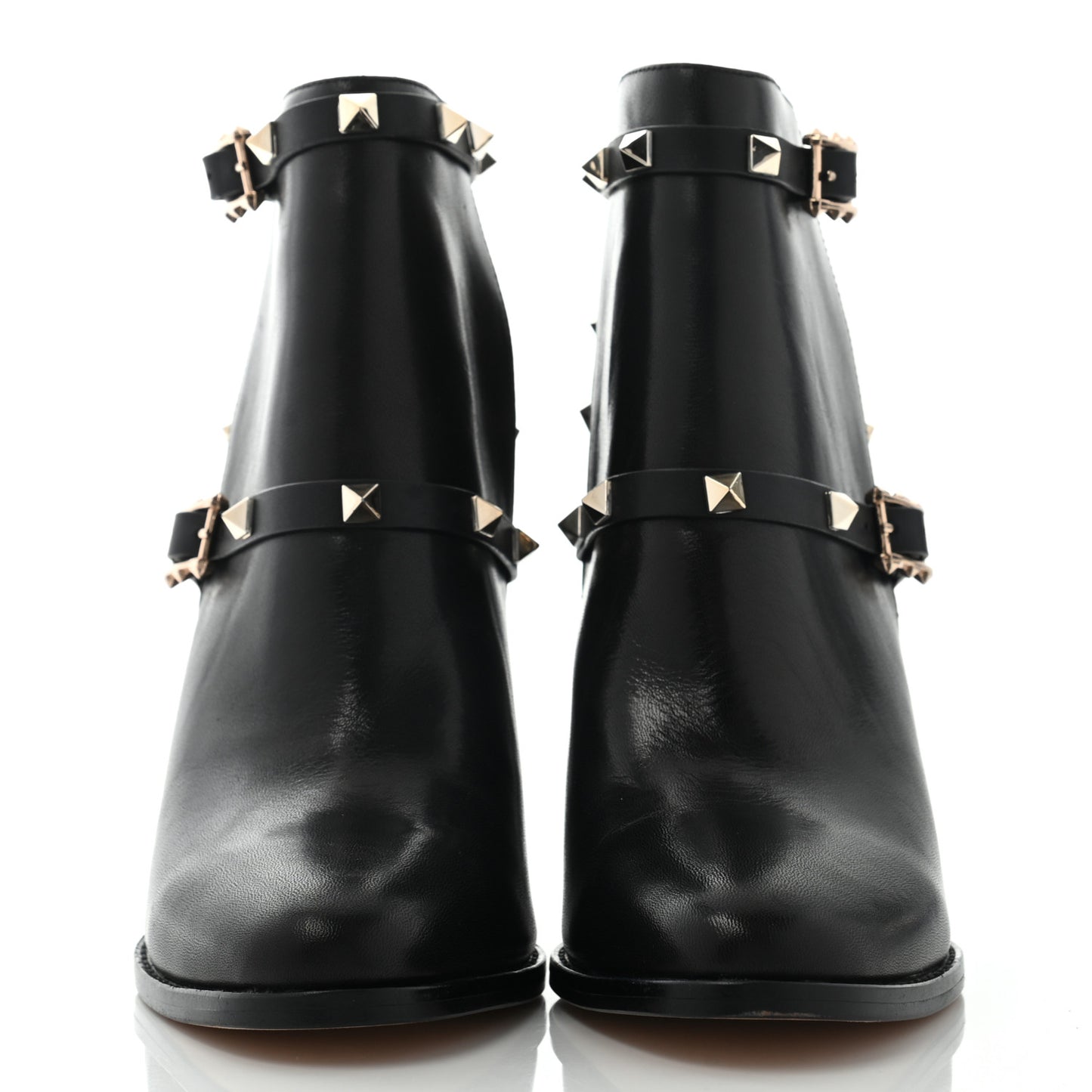 Calfskin Rockstud Double Buckle Block Heel Ankle Boots 37 Black