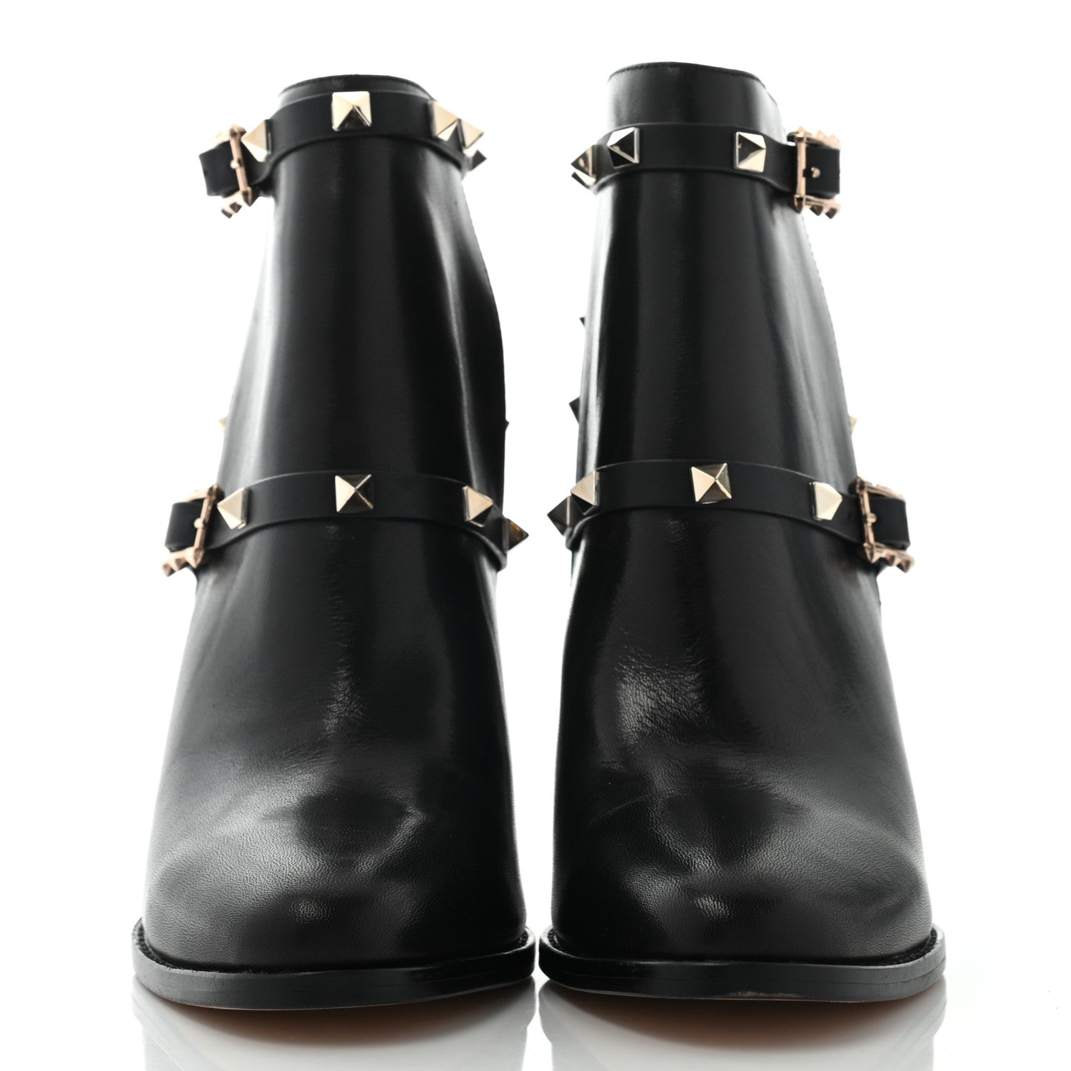 Valentino Garavani Calfskin Rockstud Double Buckle Block Heel Ankle Boots 37 Black 2 of 13