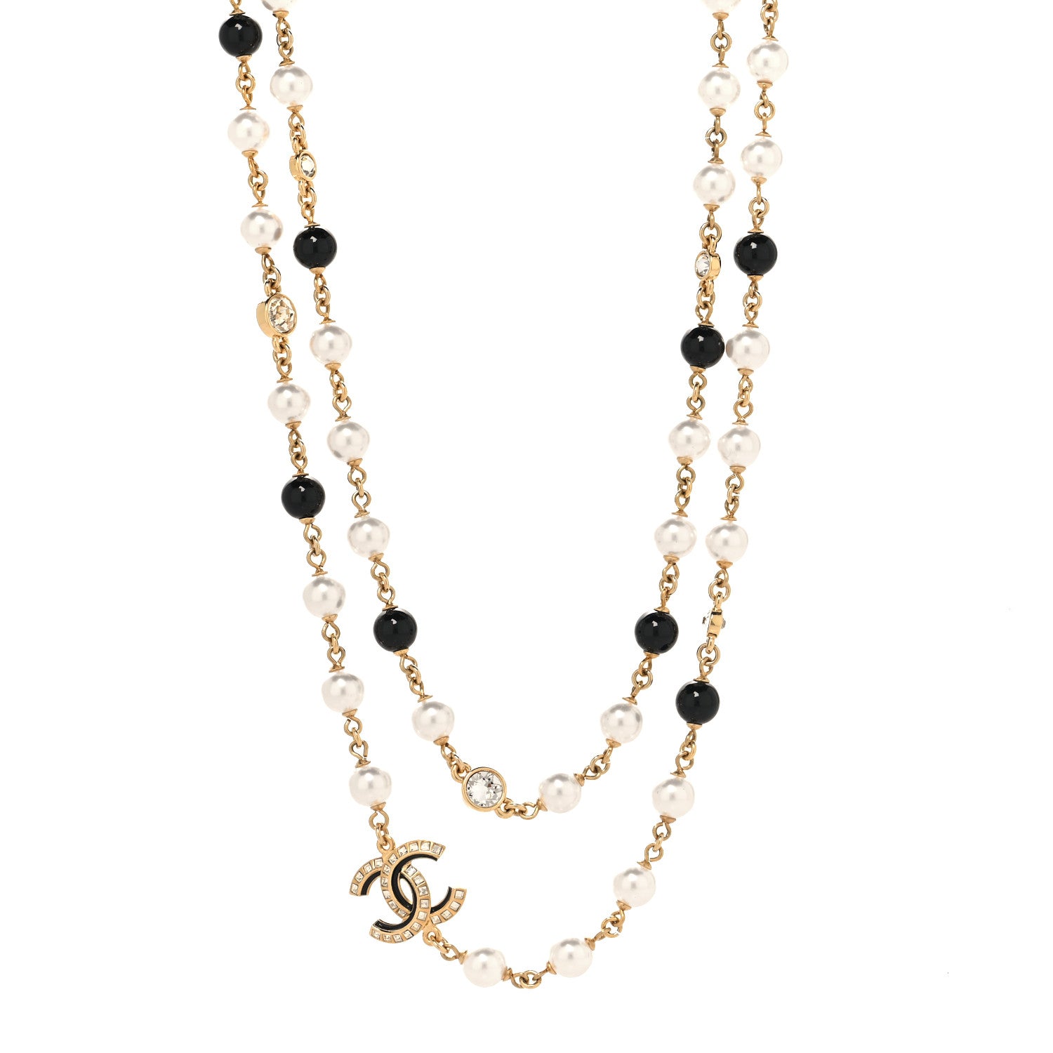 Chanel Pearl Baguette Crystal Enamel CC Long Necklace Gold Black 1 of 5