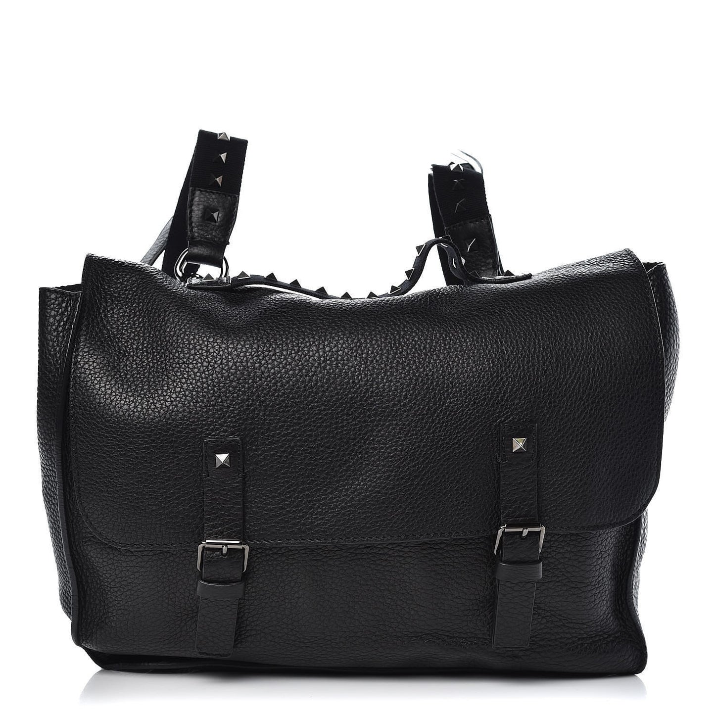 Pebbled Calfskin Rockstud Convertible Messenger Backpack Bag Black